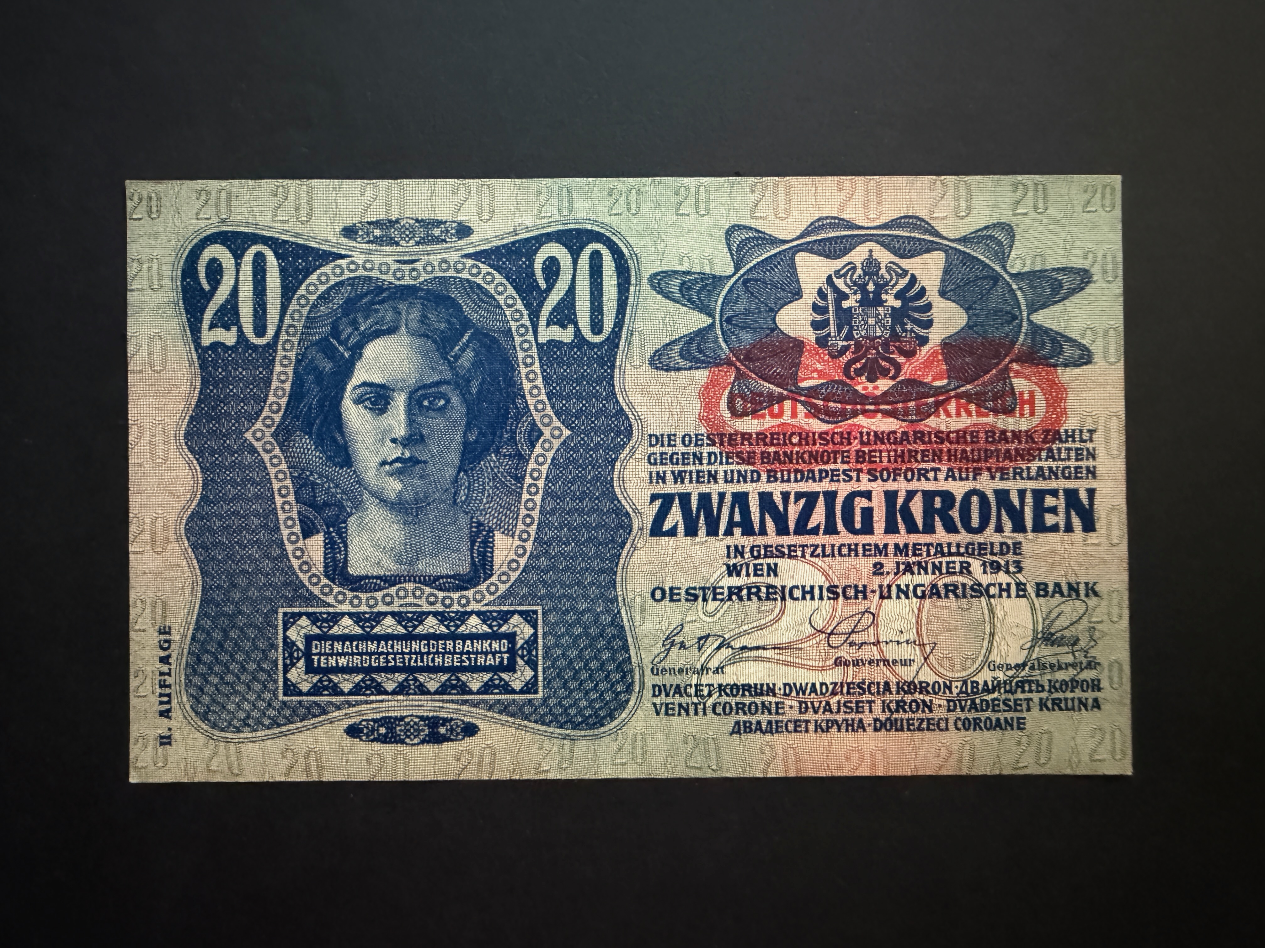 20 Korona (1913) felülbélyegzett II.kiadás UNC Adamo K18B