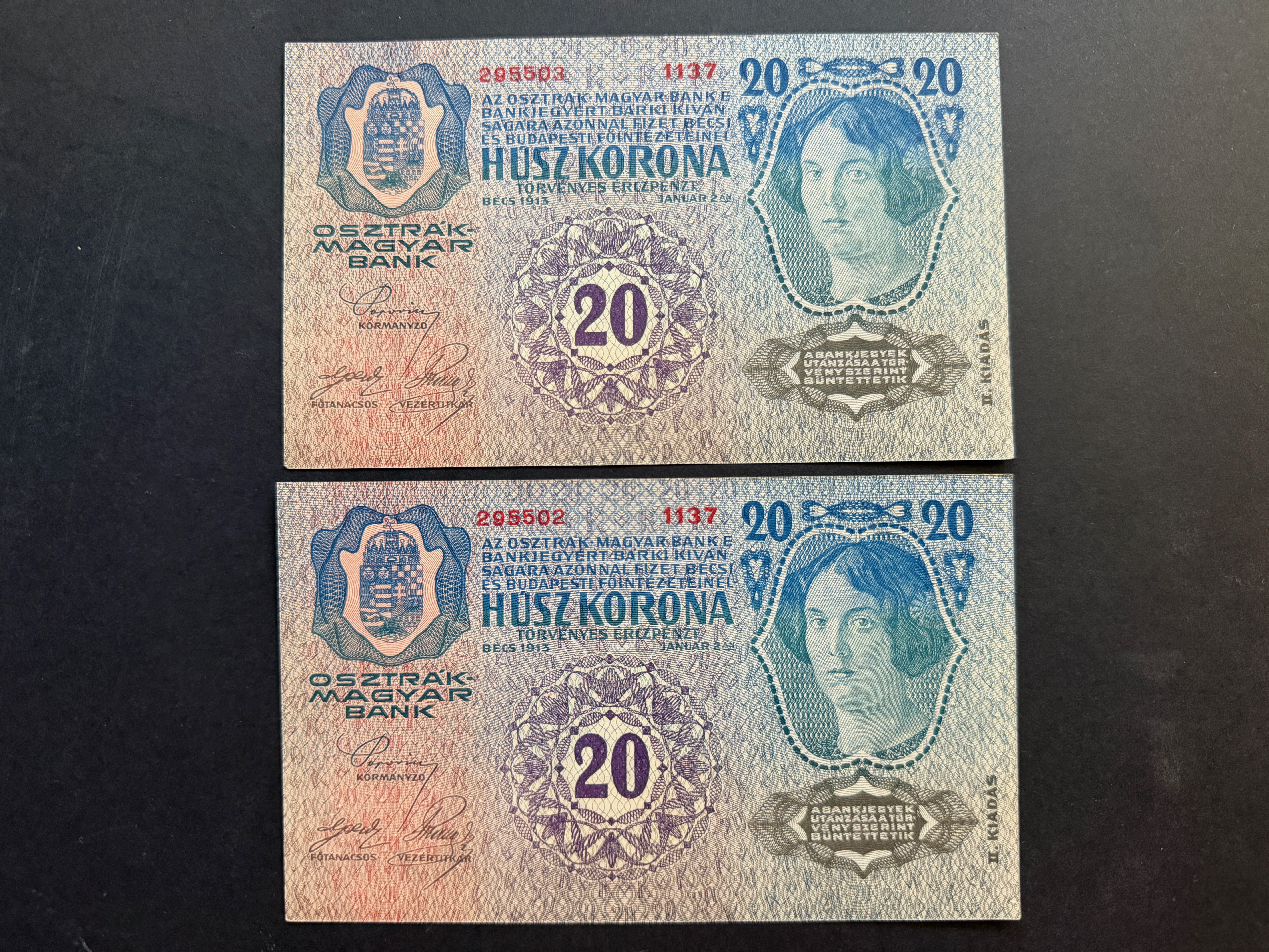 20 Korona (1913) felülbélyegzett II.kiadás UNC 2db sorszámkövető Adamo K18B