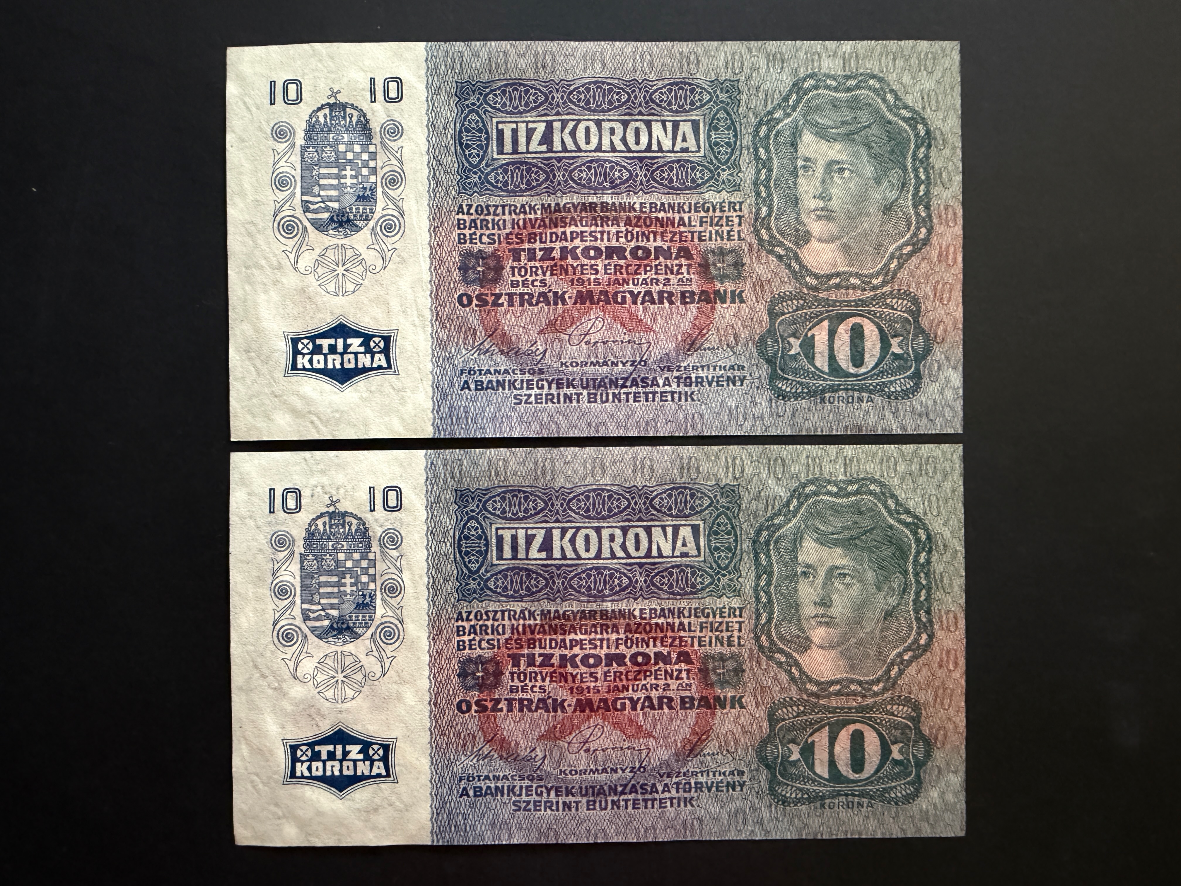 10 Korona (1915) felülbélyegzett EF 2db sorszámkövető Adamo K11B