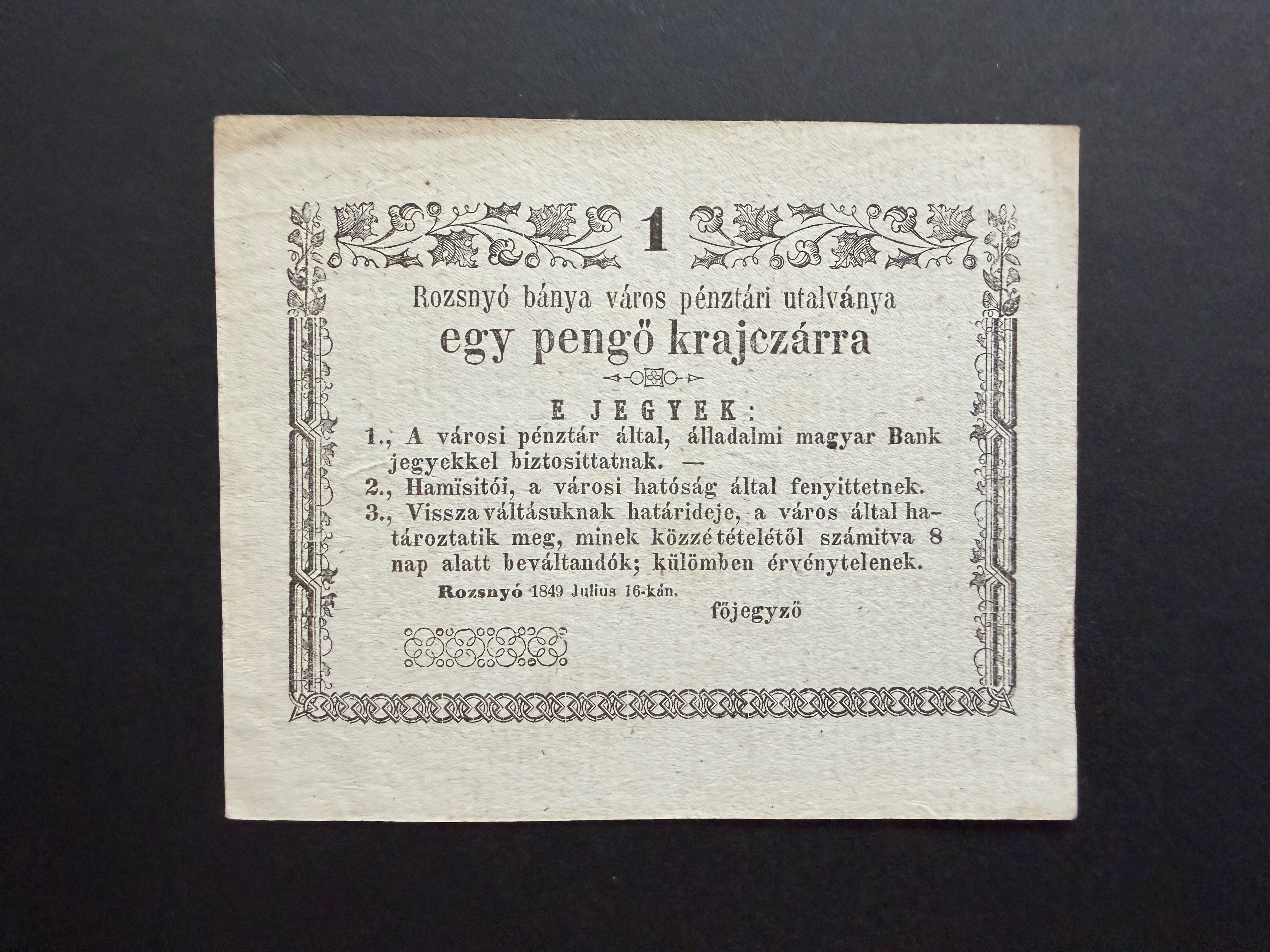 1 krajcár Rozsnyó 1849 EF