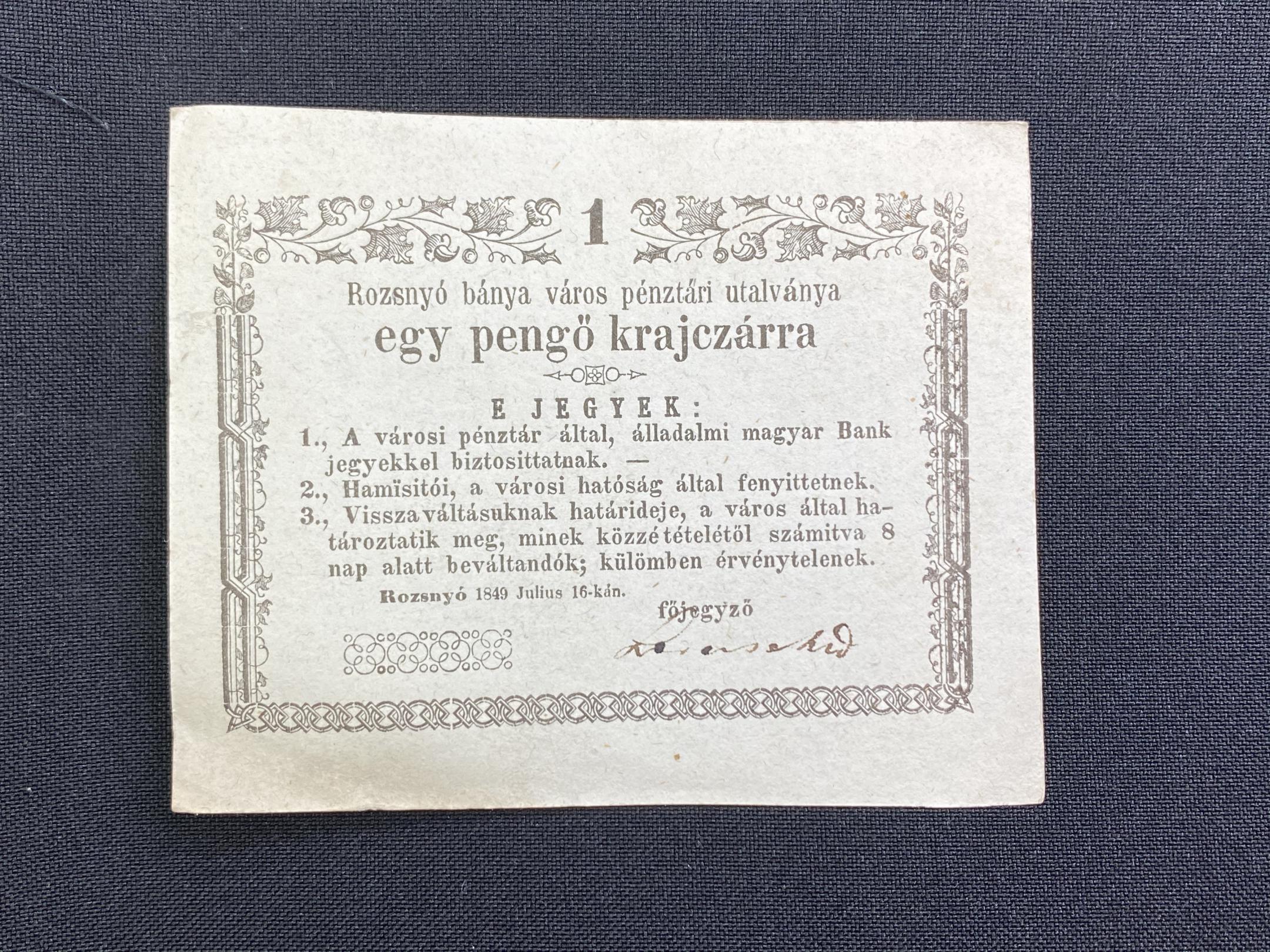 1 krajcár Rozsnyó 1849 EF