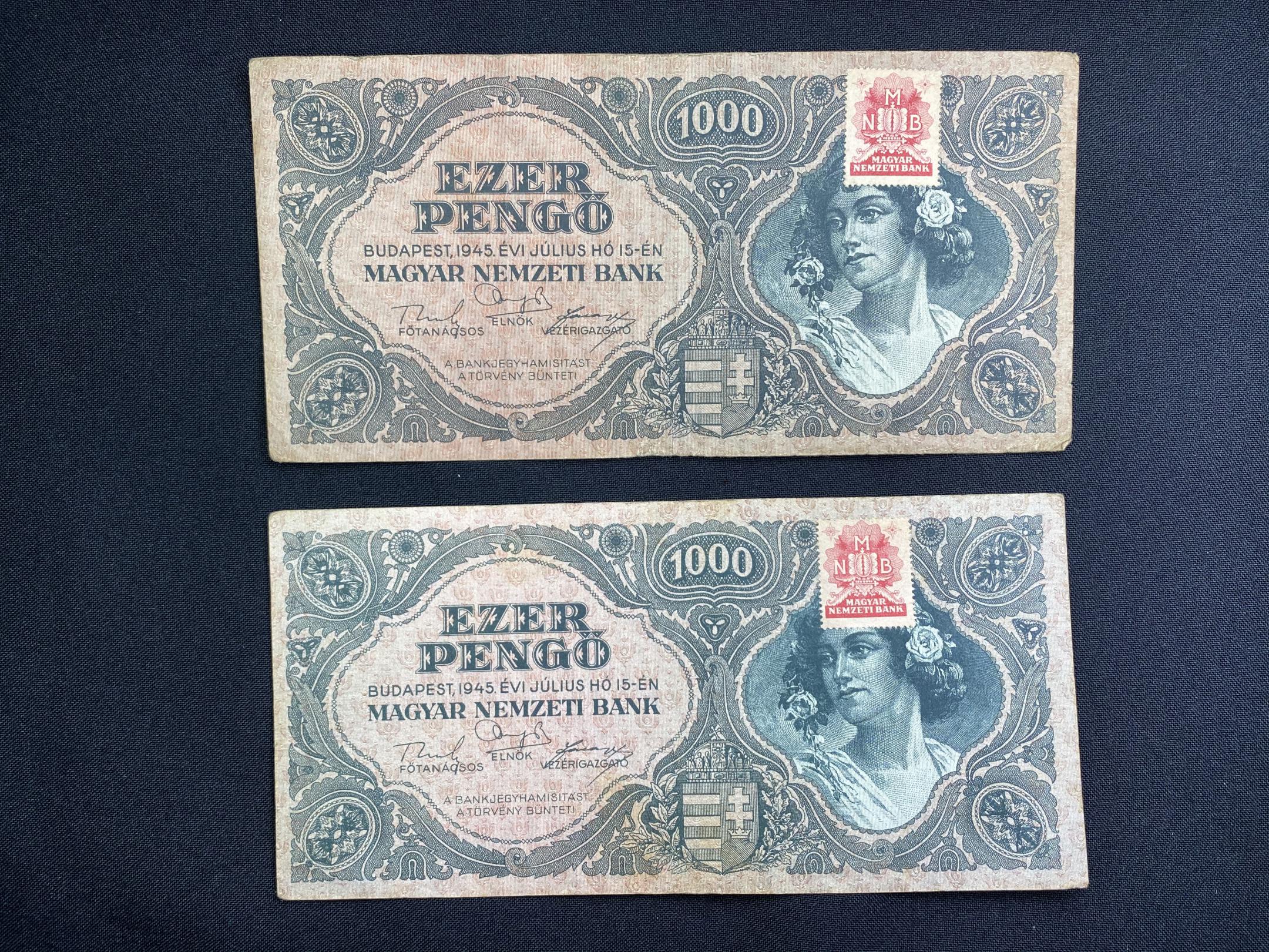 Ezer Pengő (1945F) felülbélyegezve Adamo P22 2db VF