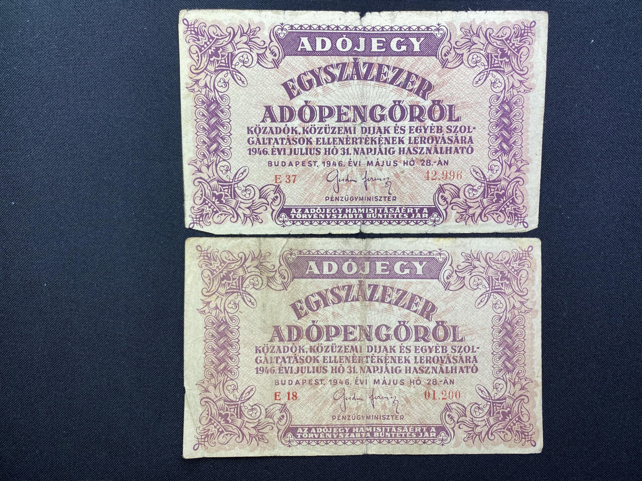 Egyszázezer Adópengő 1946E Adamo P51 2db F, VG