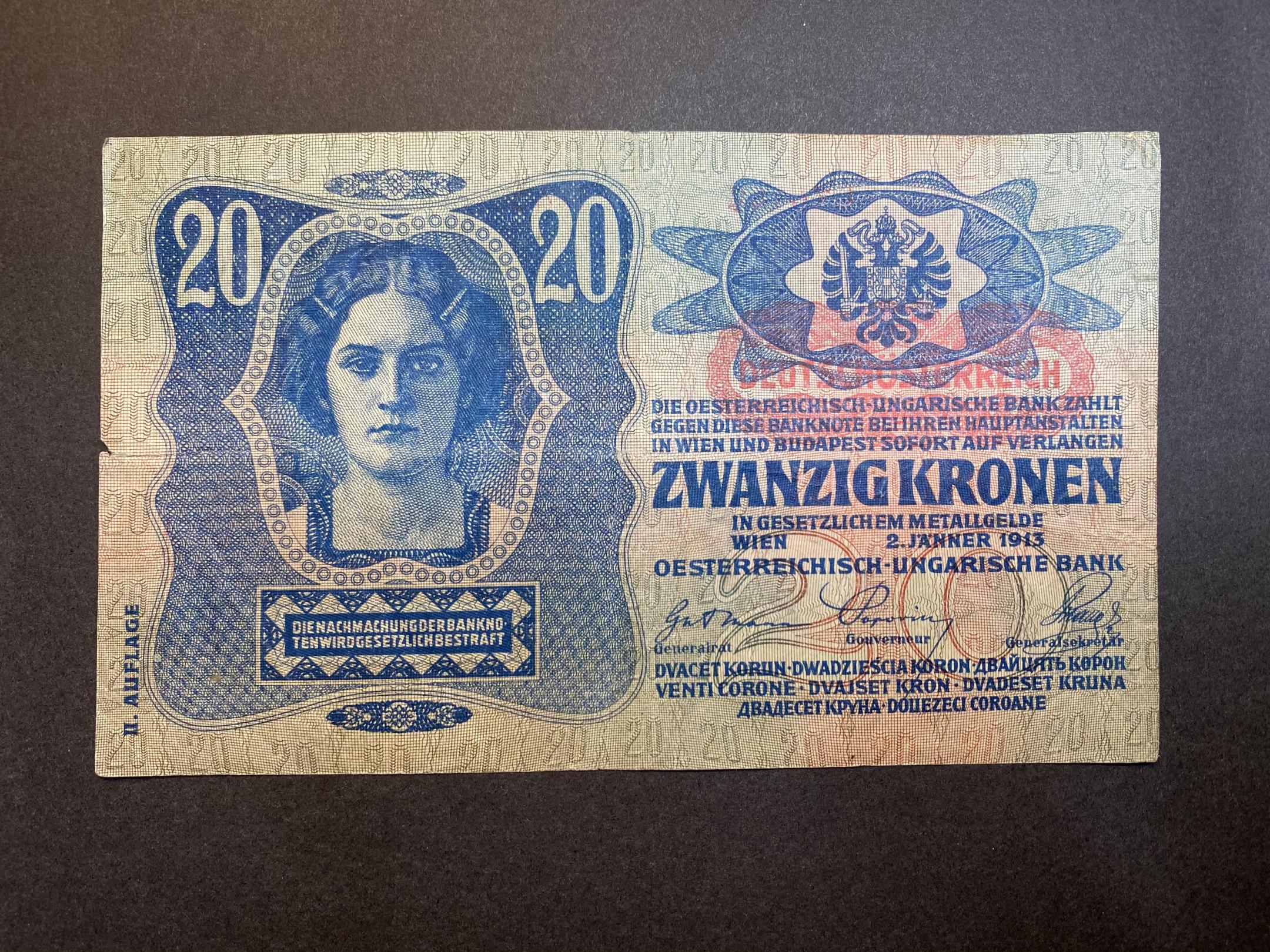 20 Korona (1913) felülbelyegzett II.kiadás F Adamo K18B