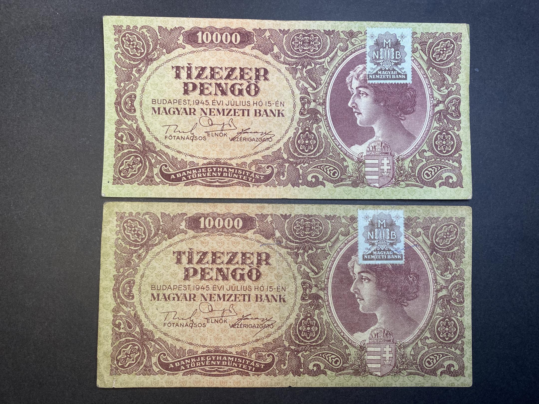 Tízezer Pengő (1945L) felülbélyegezve EF,VF Adamo P23E 2db