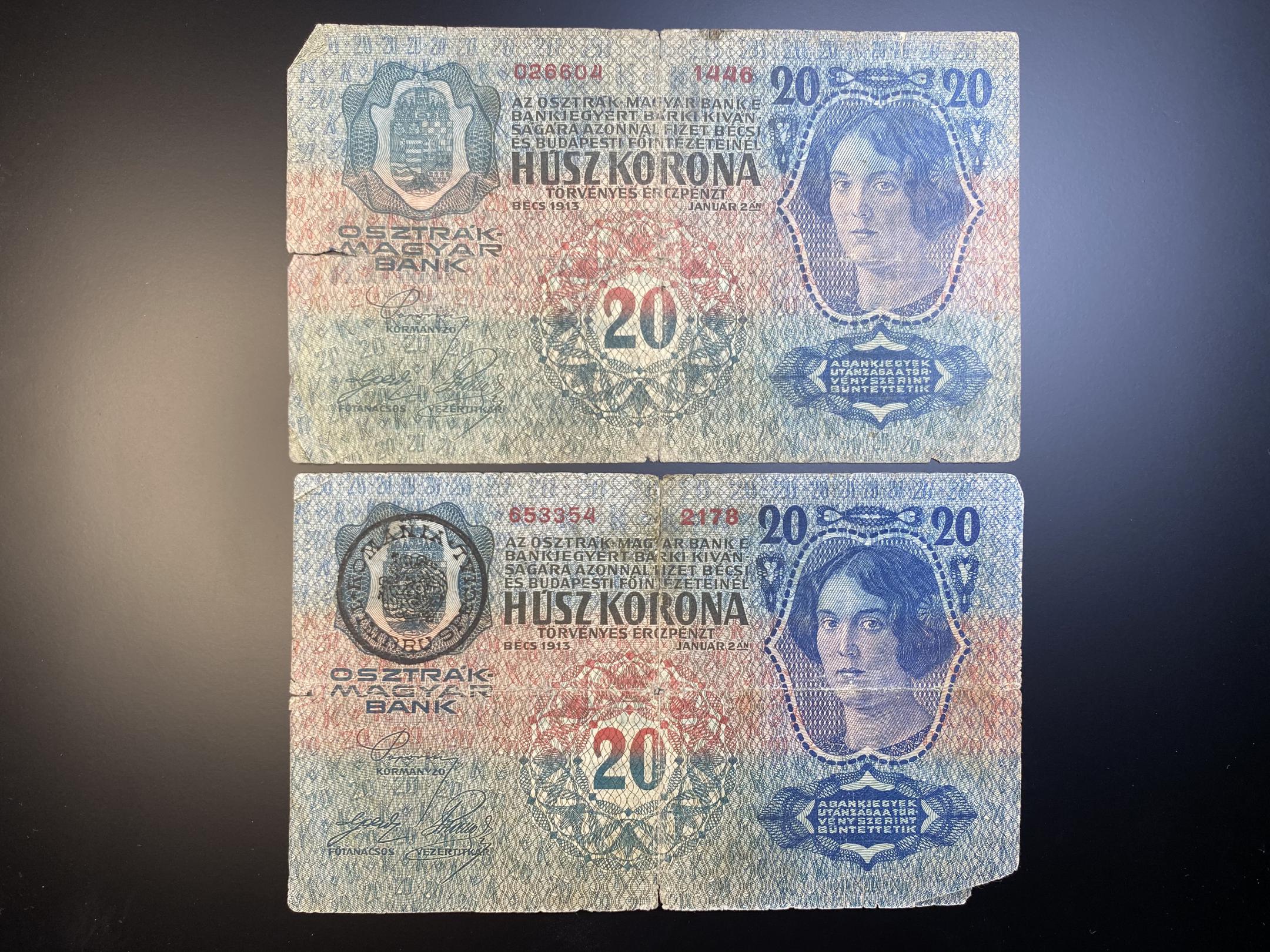 20 Korona (1913) 2db (felülbélyegzett, pecsétes) VG Adamo K17M