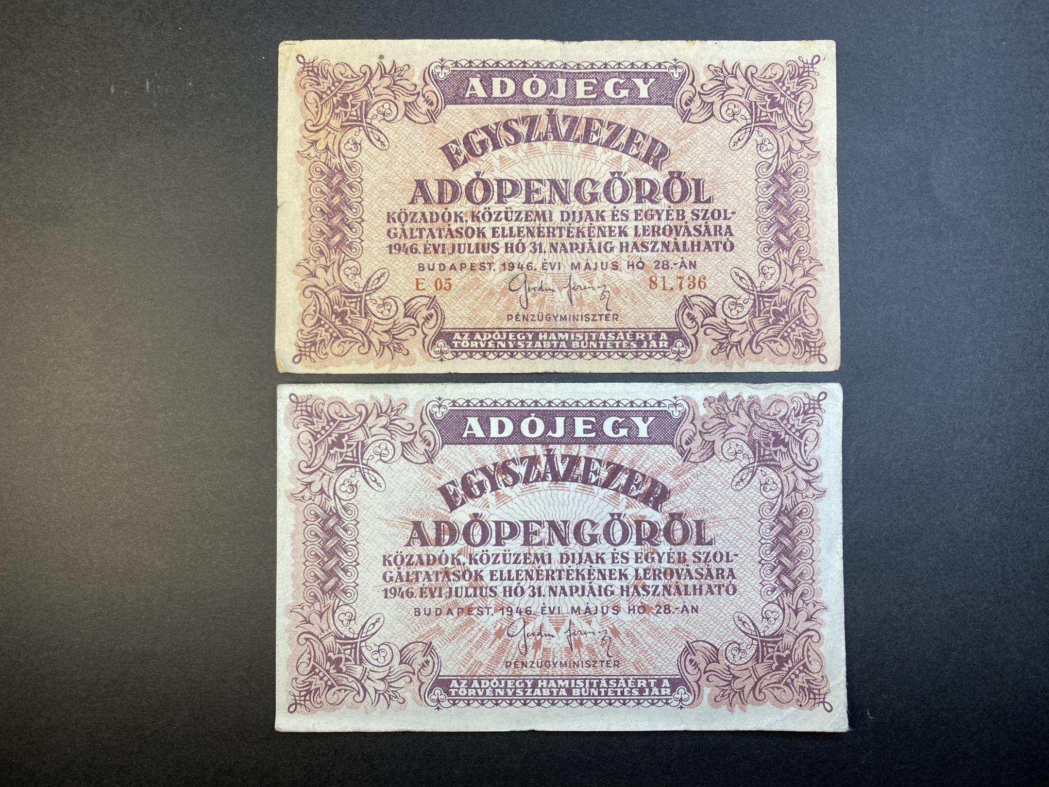 Egyszázezer Adópengő 1946E Adamo P51 2db F