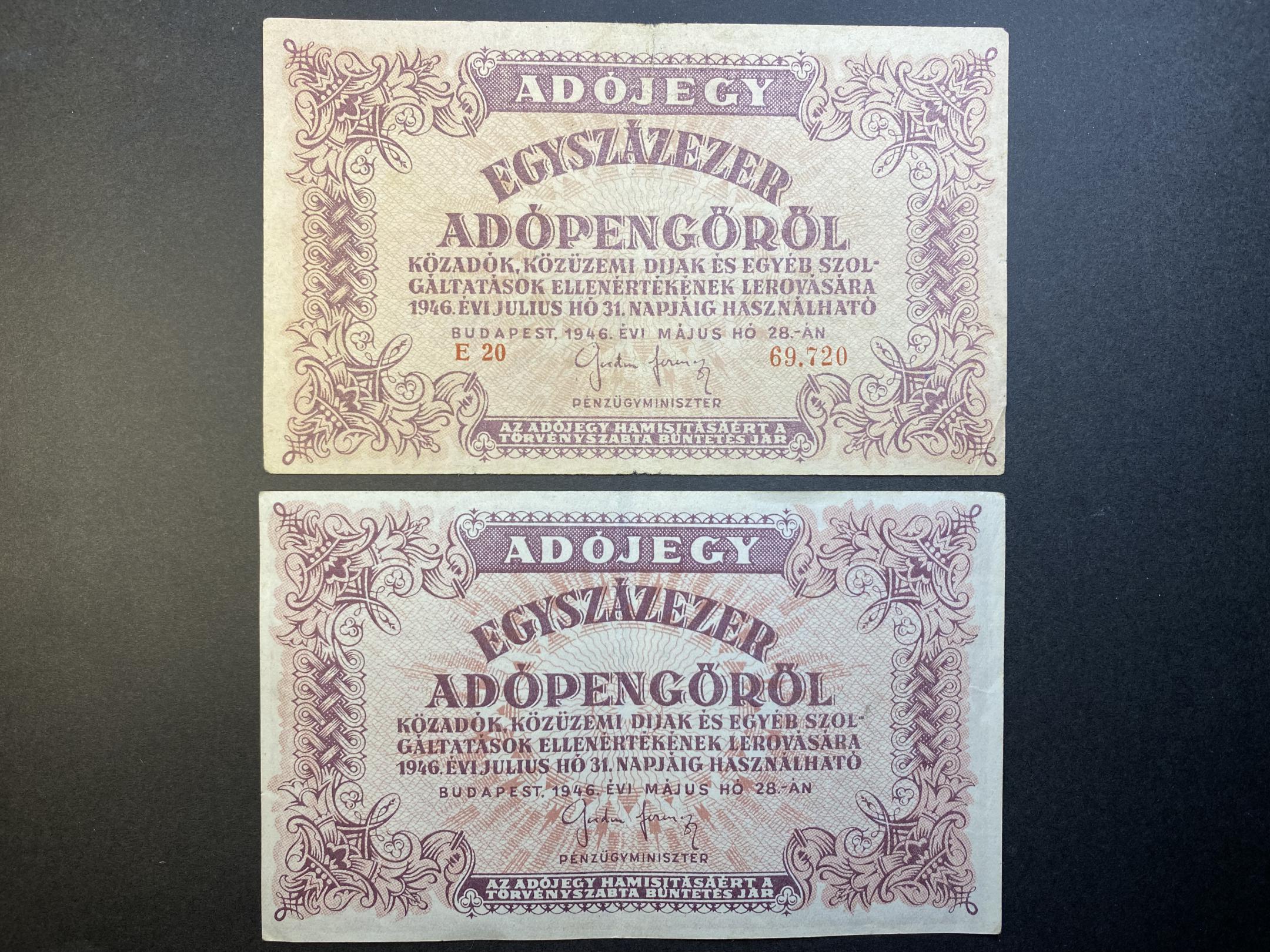 Egyszázezer Adópengő (2típus) (1946)E Adamo P51 2db F-EF