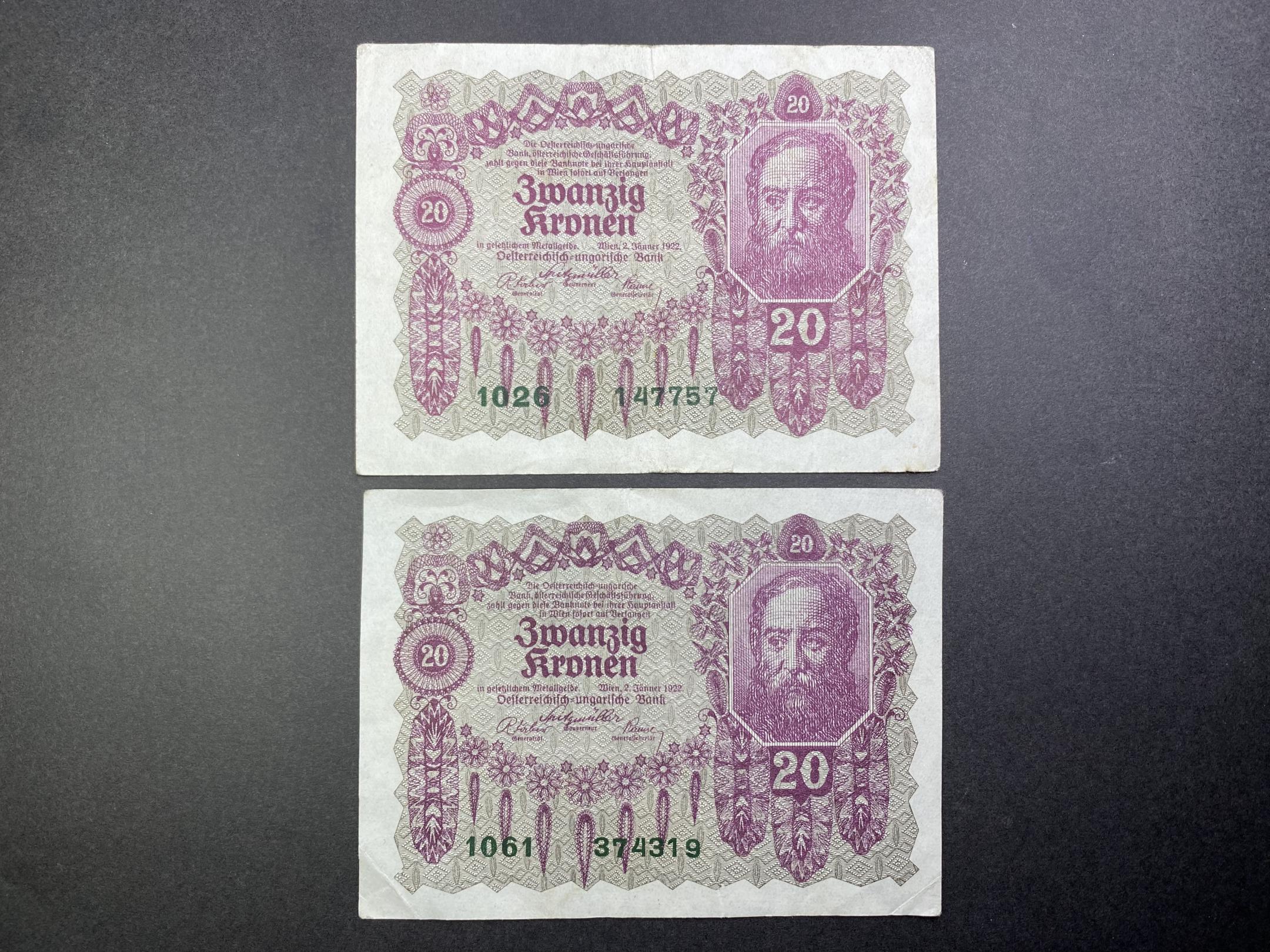 20 Korona (1922) Osztrák típus 2db VF