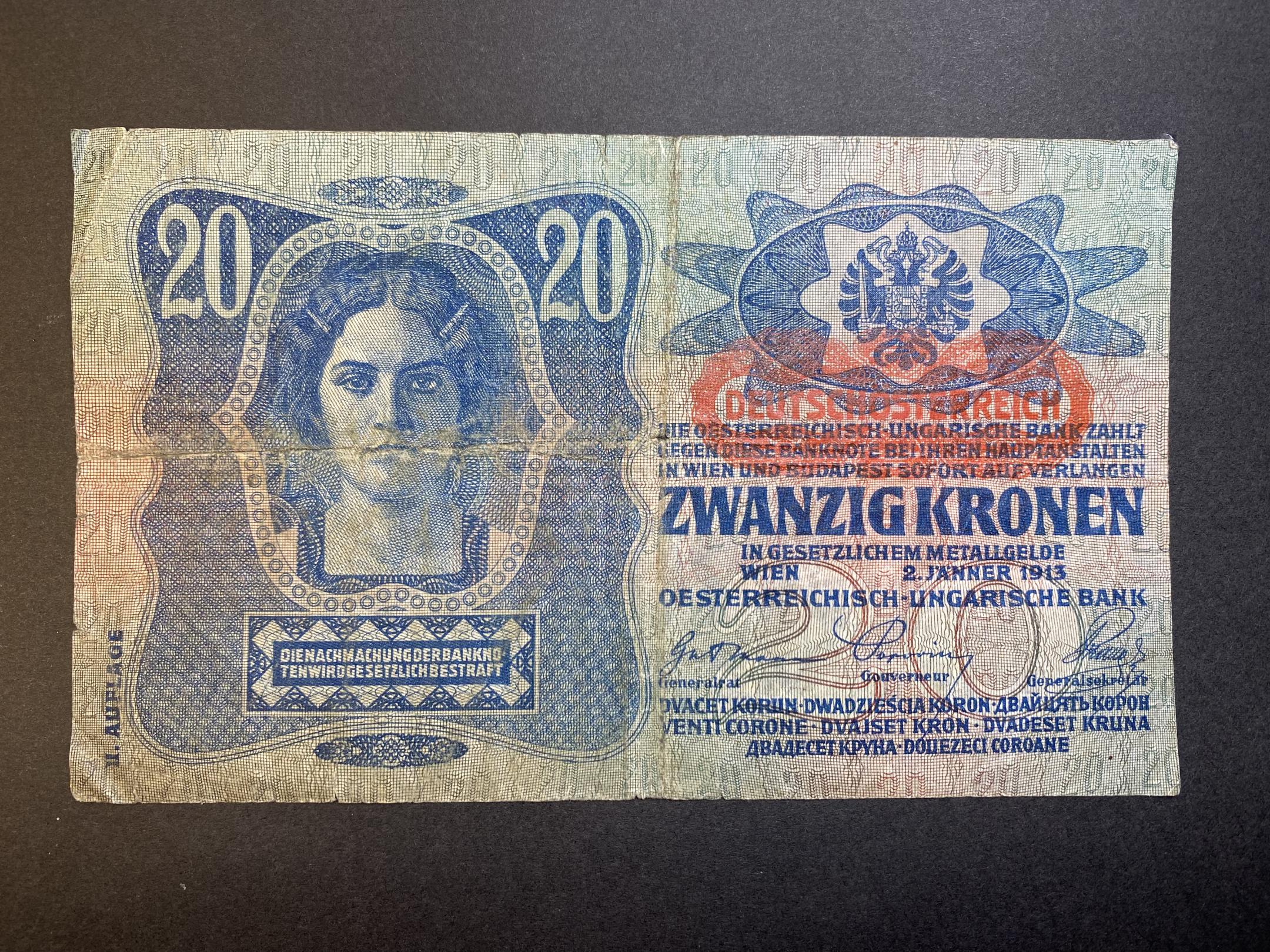 20 Korona (1913) felülbélyegzett II.kiadás VG Adamo K18B