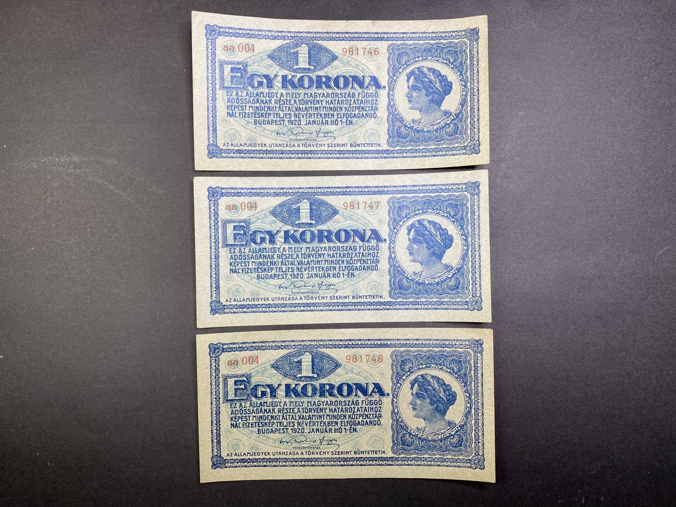 1 Korona (1920)aa sorszámkövető Adamo K4 EF 3db
