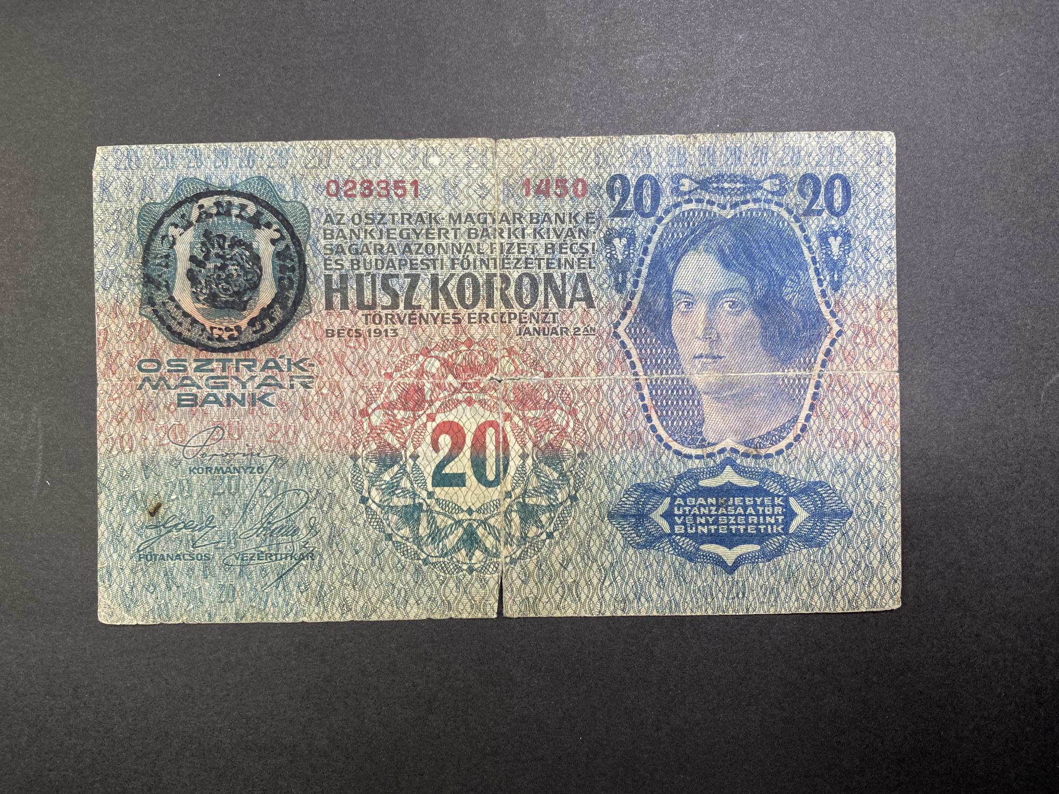 20 Korona (1913) felülbélyegzett F Adamo K17