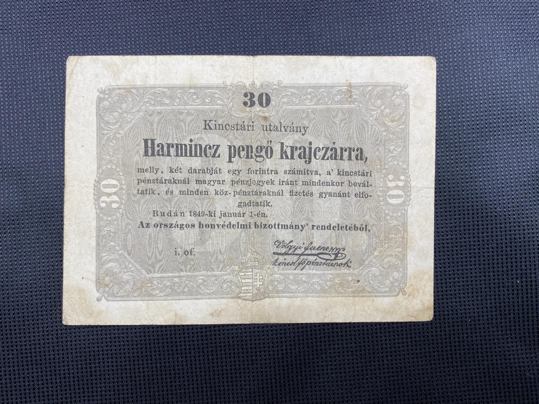 Szabadságharc 30 krajcár Kincstári utalvány (1849) VF Adamo G103