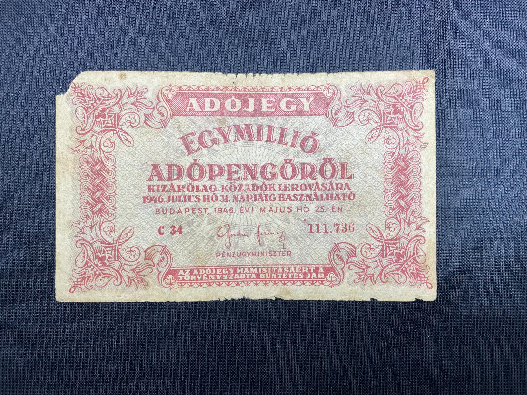 Egymillió Adópengő (1946) (fordított címer) VG Adamo P53