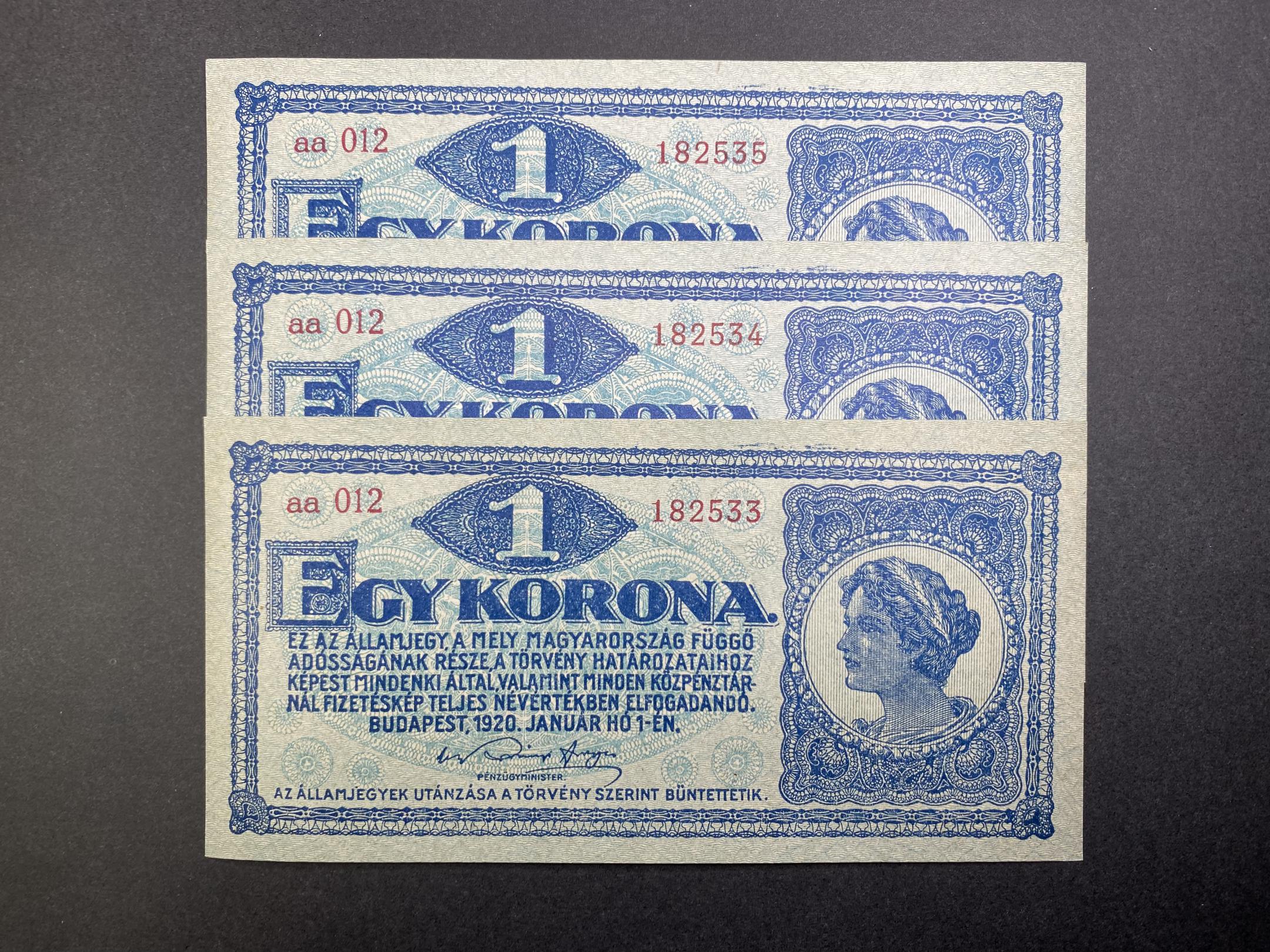 1 Korona (1920)aa UNC sorszámkövető Adamo K4 3db