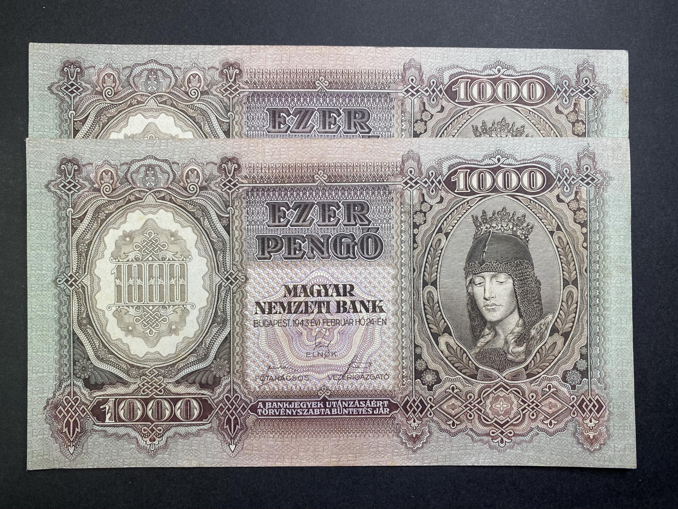 Ezer Pengő (1943)aUNC+ sorszámkövető 2 db Adamo P21