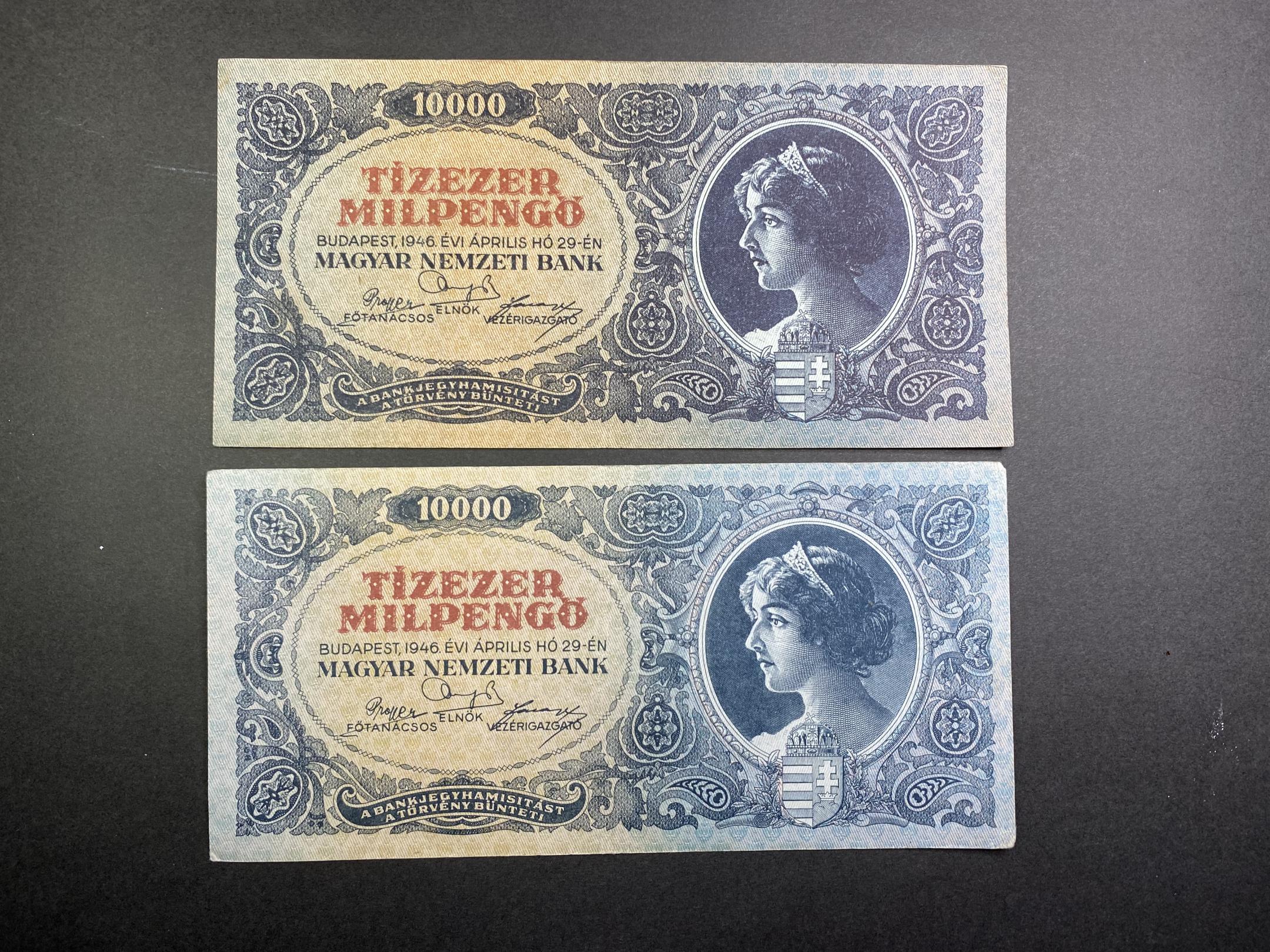 Tízezer Milpengő 2 színárnyalat (1946A)EF VF 2db Adamo  P29