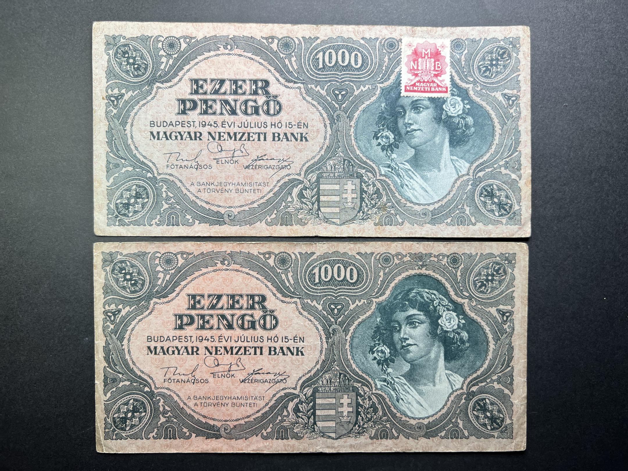 Ezer Pengő (1945F) sima, felülbélyegzett Adamo P22e VF 2db