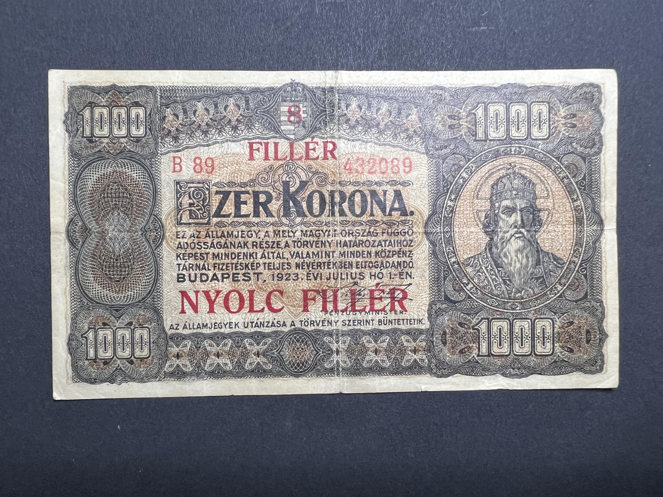 1000 Korona 1923B felülbélyegzés 8 fillér Adamo K37B VF