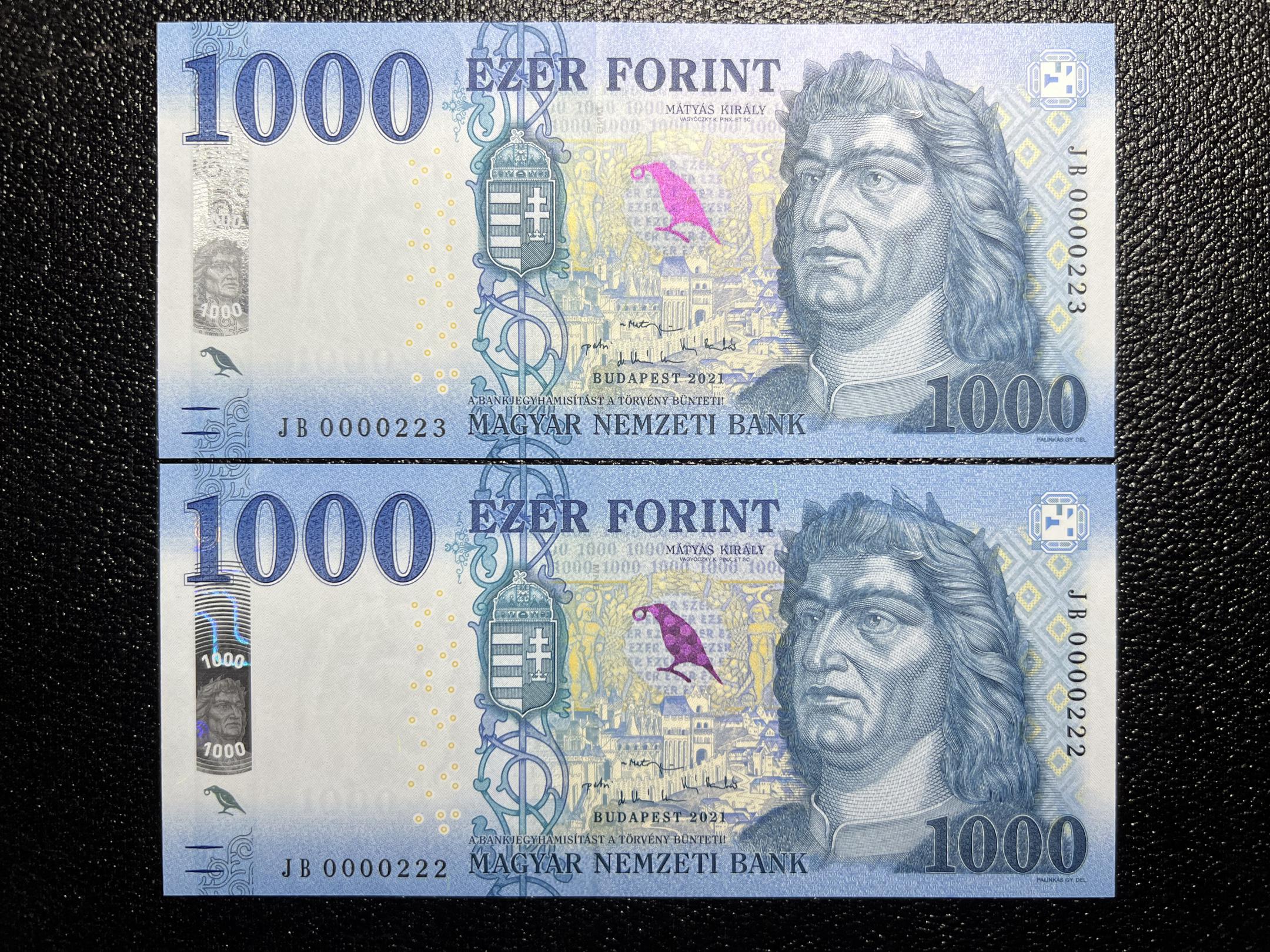1000 Forint (2021) JB sorszámkövető 2 db alacsony sorszám UNC Adamo F61B1