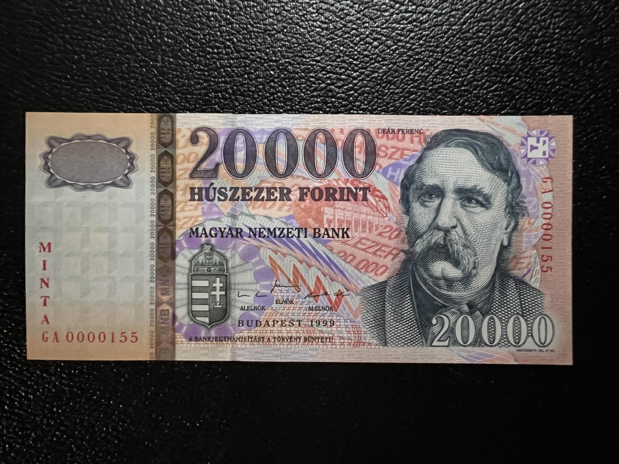 20000 Forint MINTA GA UNC alacsony sorszám 00155 (1999) Adamo F59M2