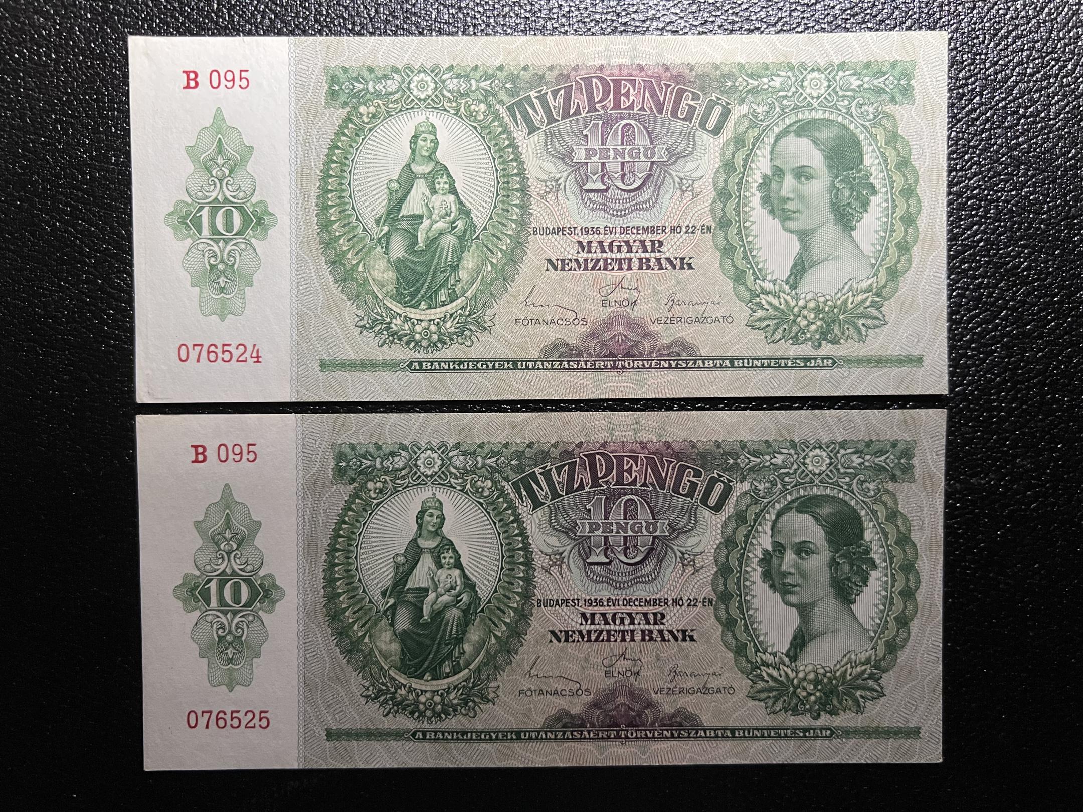 Tíz Pengő (1936B) Adamo P9 2db aUNC sorszámkövető