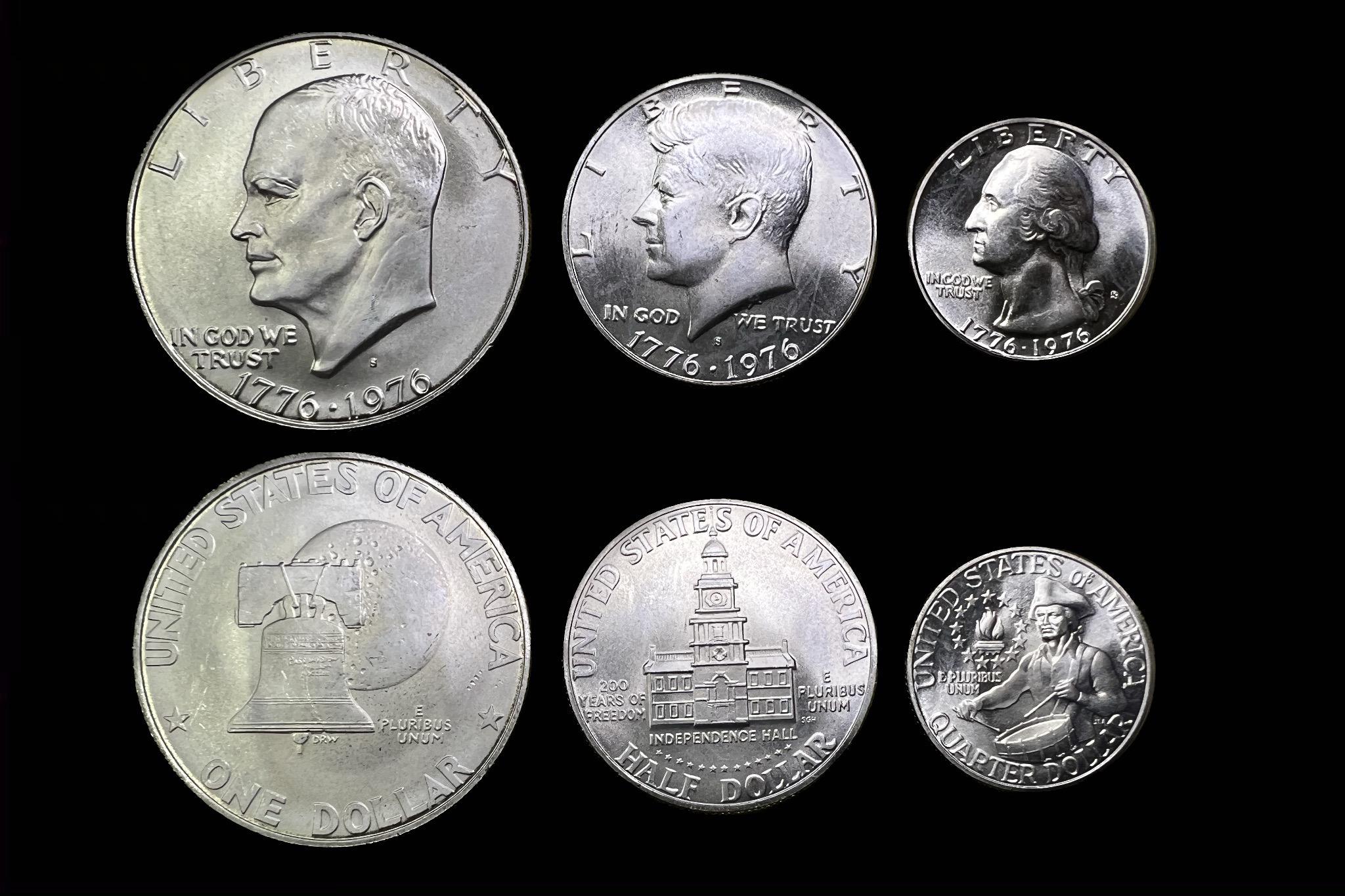 USA (1776-1976 Bicentennial) UNC Eisenhower 1 dollar S 24,18g, Kennedy half dollar S 11,64g, Washington 1/4 dollar S 5,82g ezust sor!!! KM 204,205,206