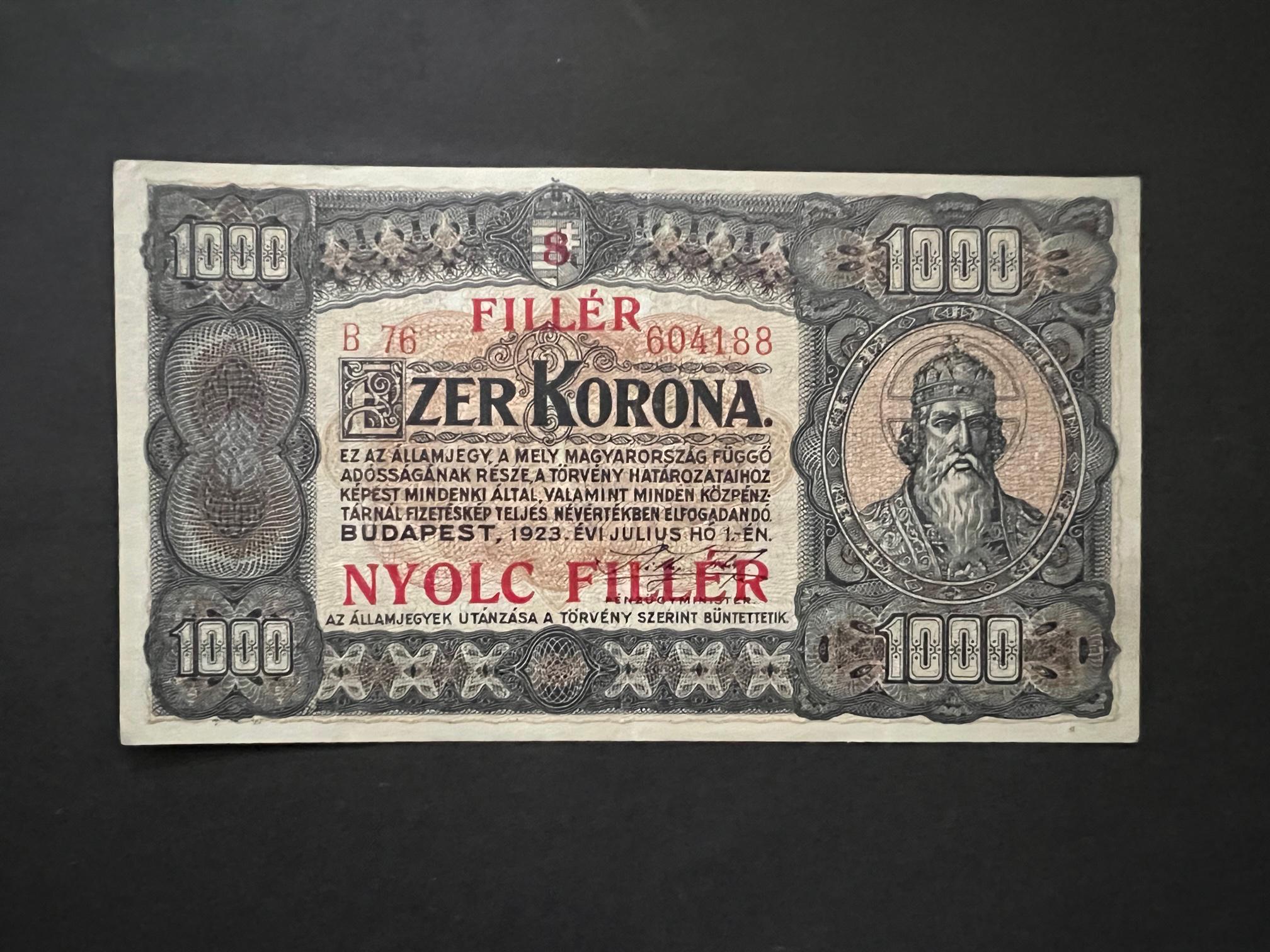1000 Korona (1923) 8 fillér felülbélyegzéssel EF