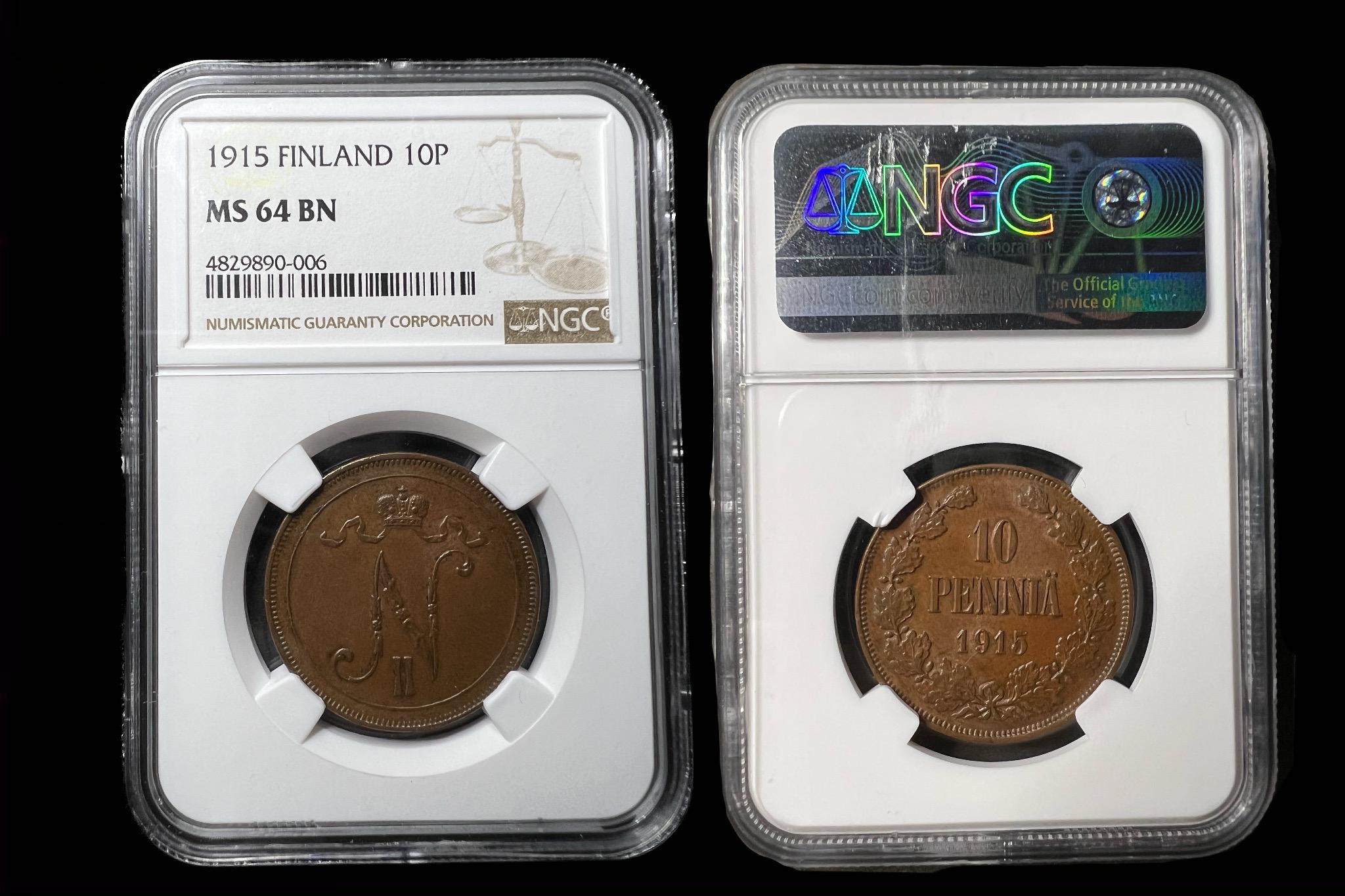 II. Nicolaus 10 Pennia (1915)UNC NGC MS64! OroszFinn KM14 