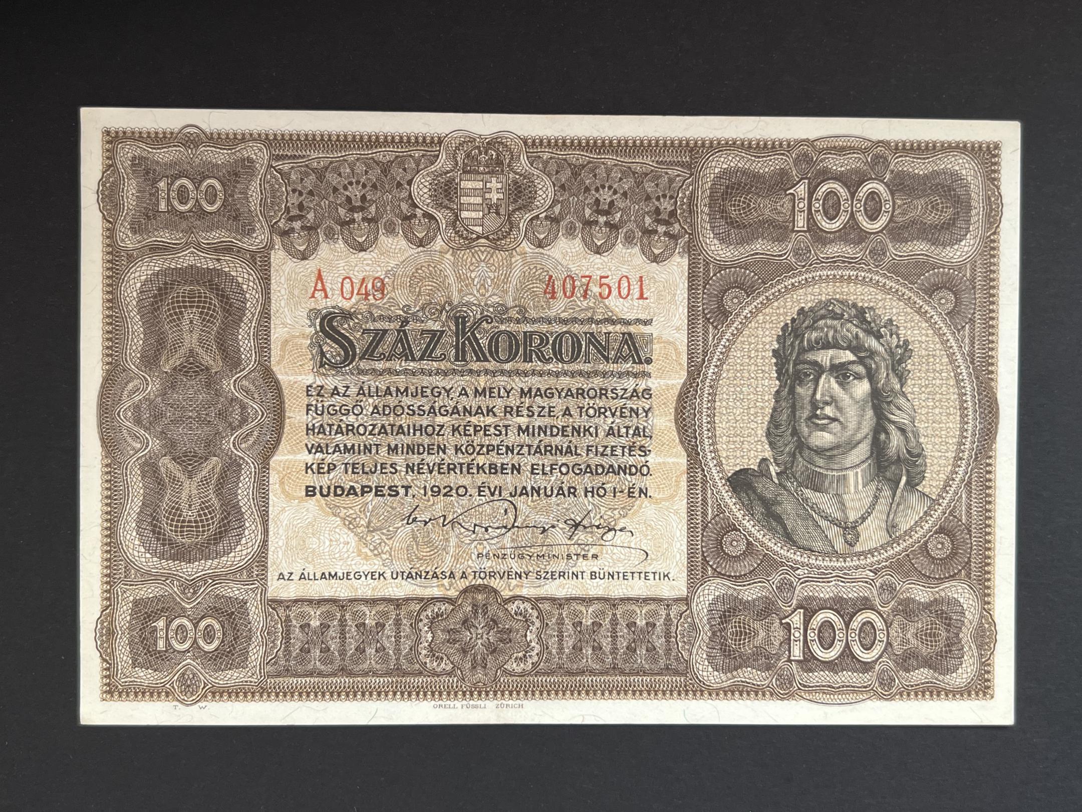 100 Korona 1920A aUNC Adamo K29