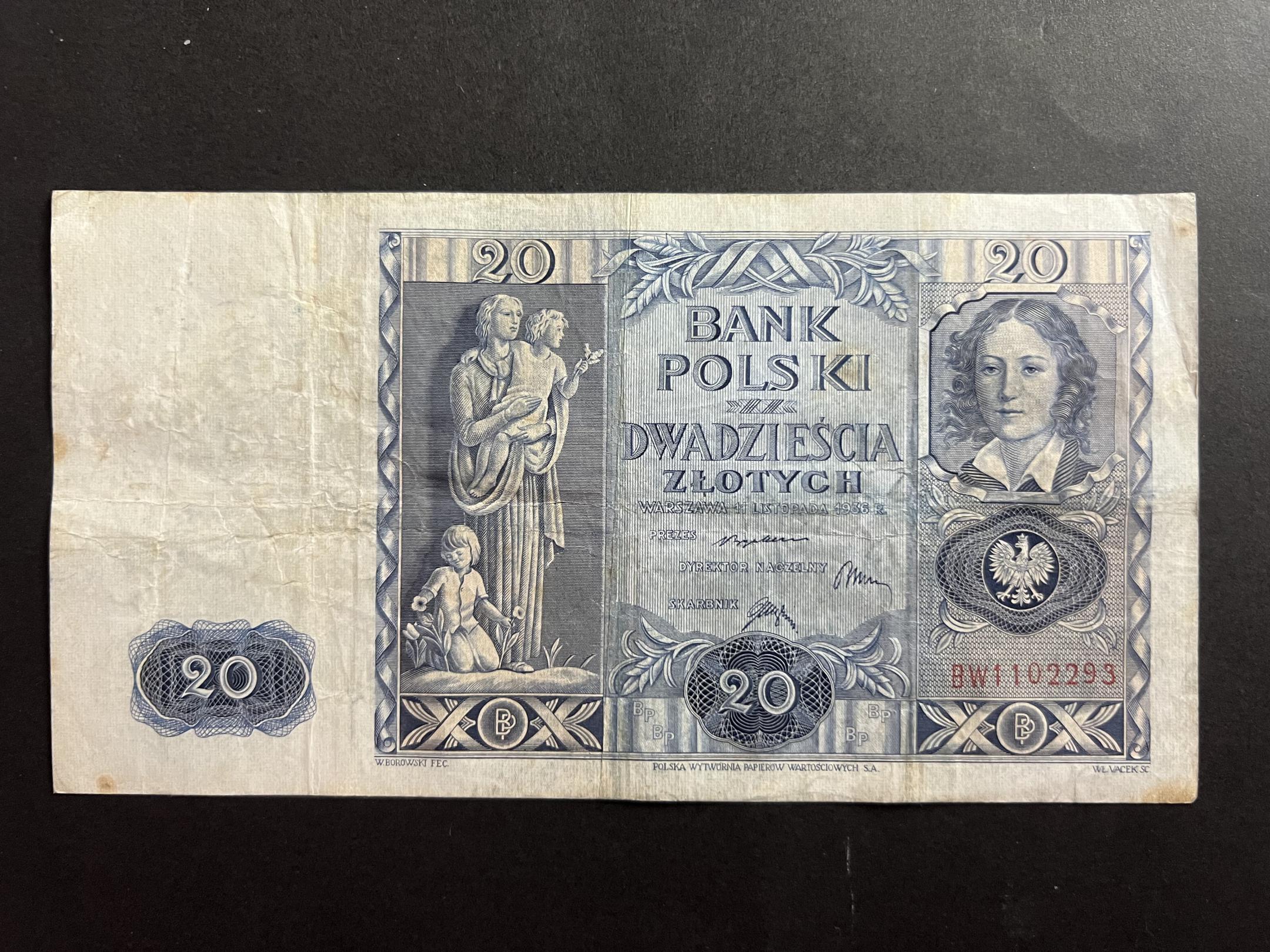 20 Zlotchy (1936)BW Lengyelország VF 