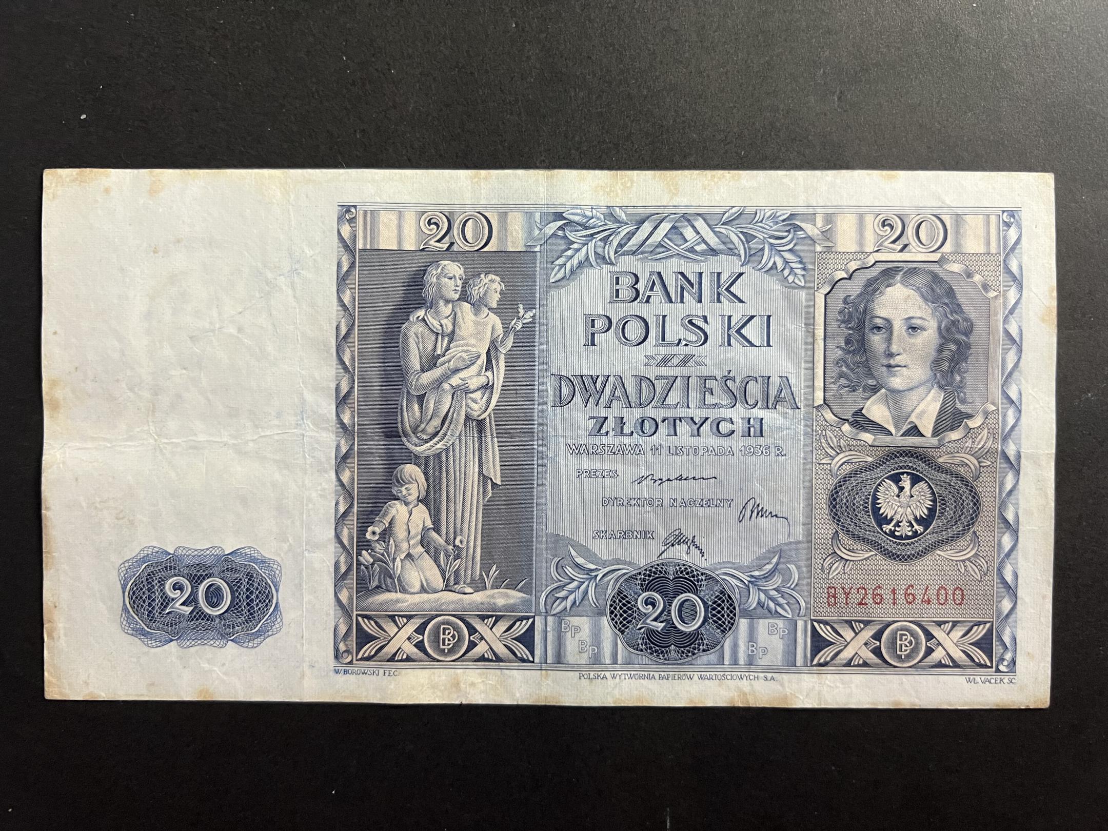 20 Zlotchy (1936)BY Lengyelország VF 