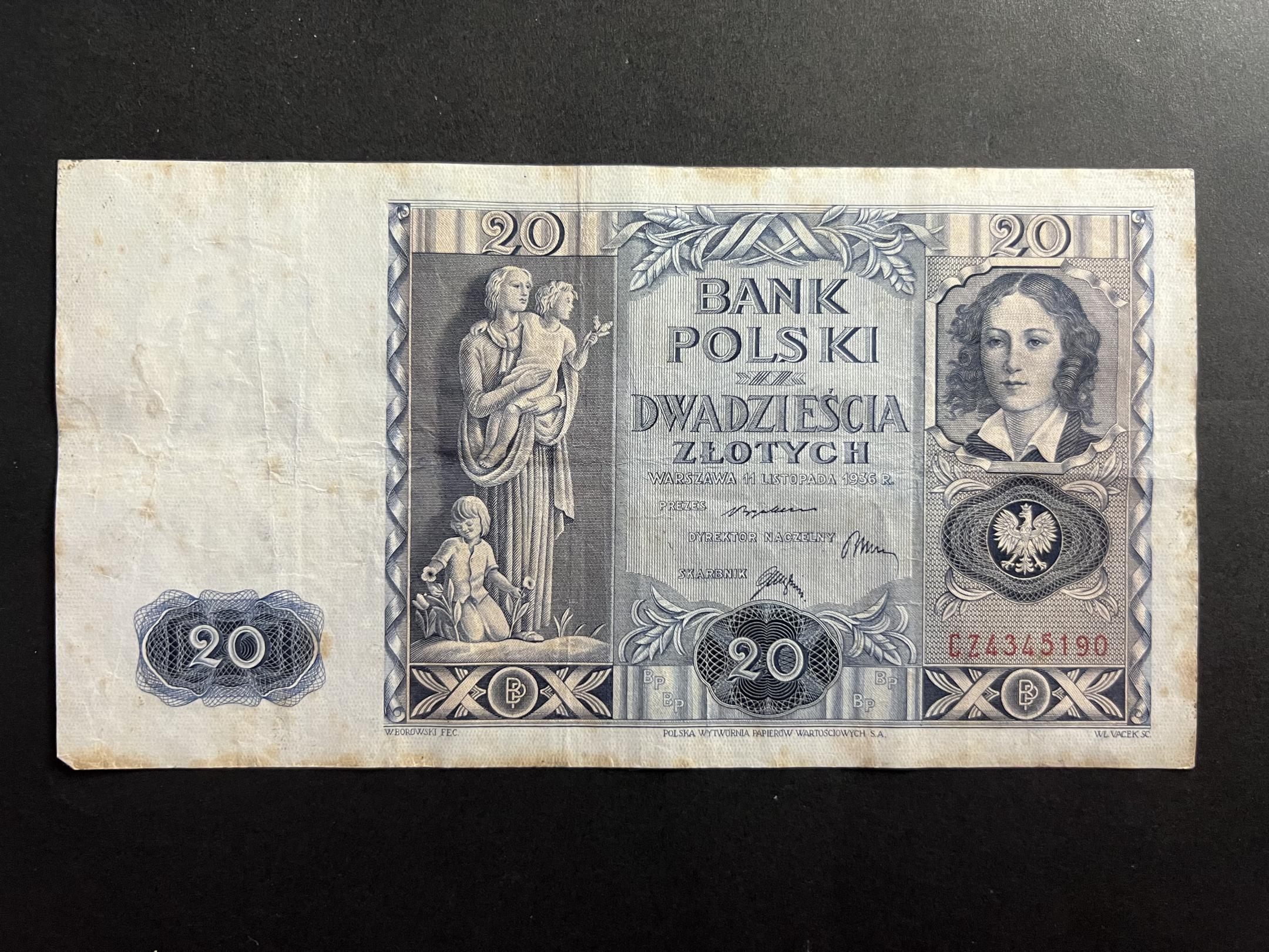 20 Zlotchy (1936)CZ Lengyelország VF 