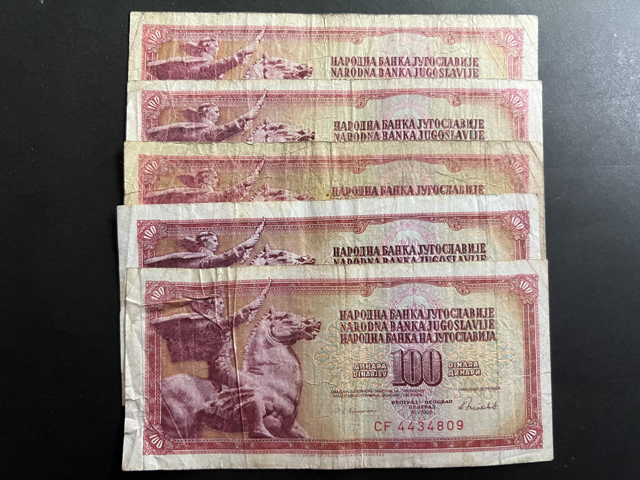 100 Dínár Jugoszlávia (1986) 5db VG 