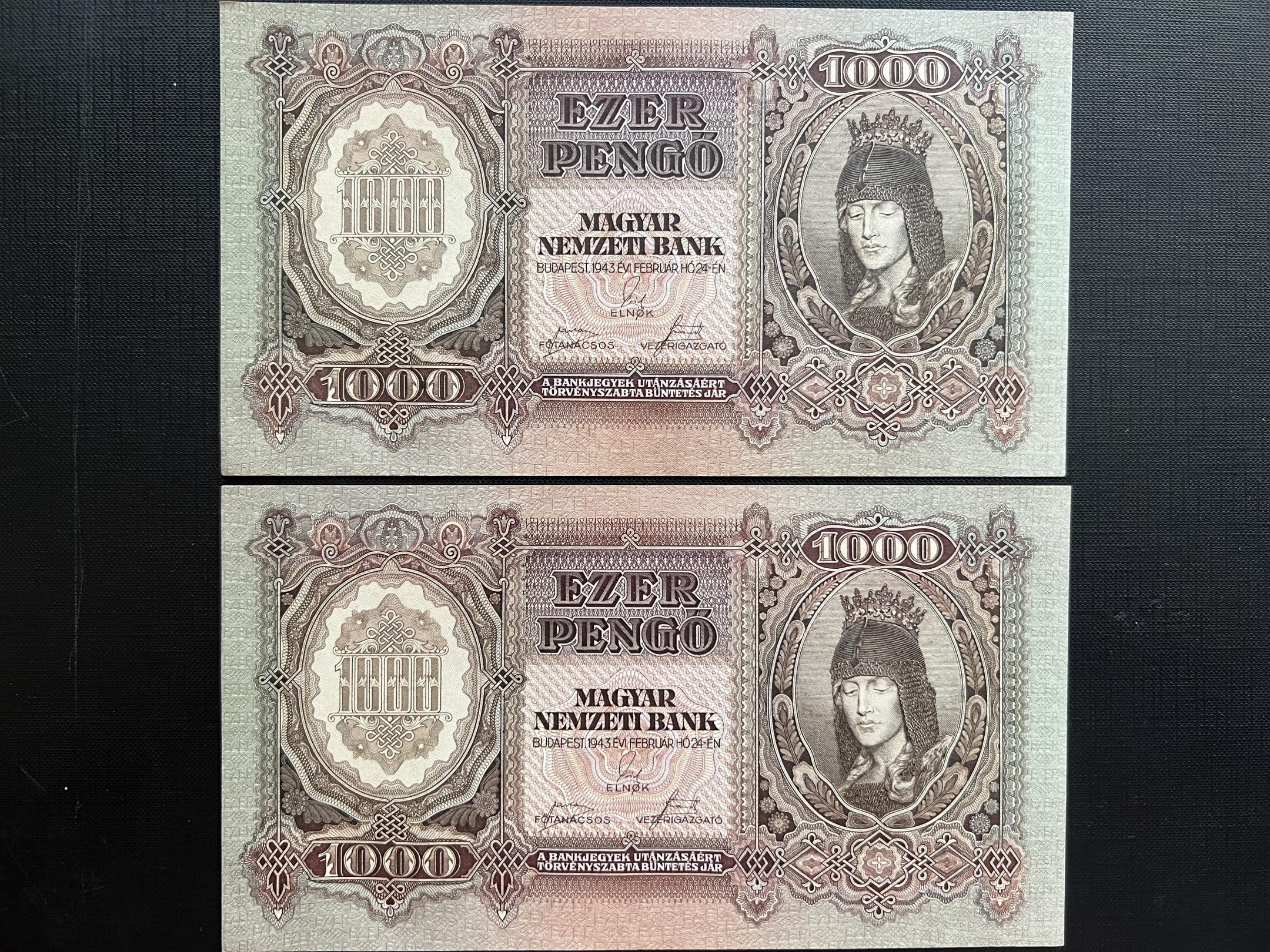 Ezer Pengő (1943) aUNC sorszámkövető 2 db Adamo P21
