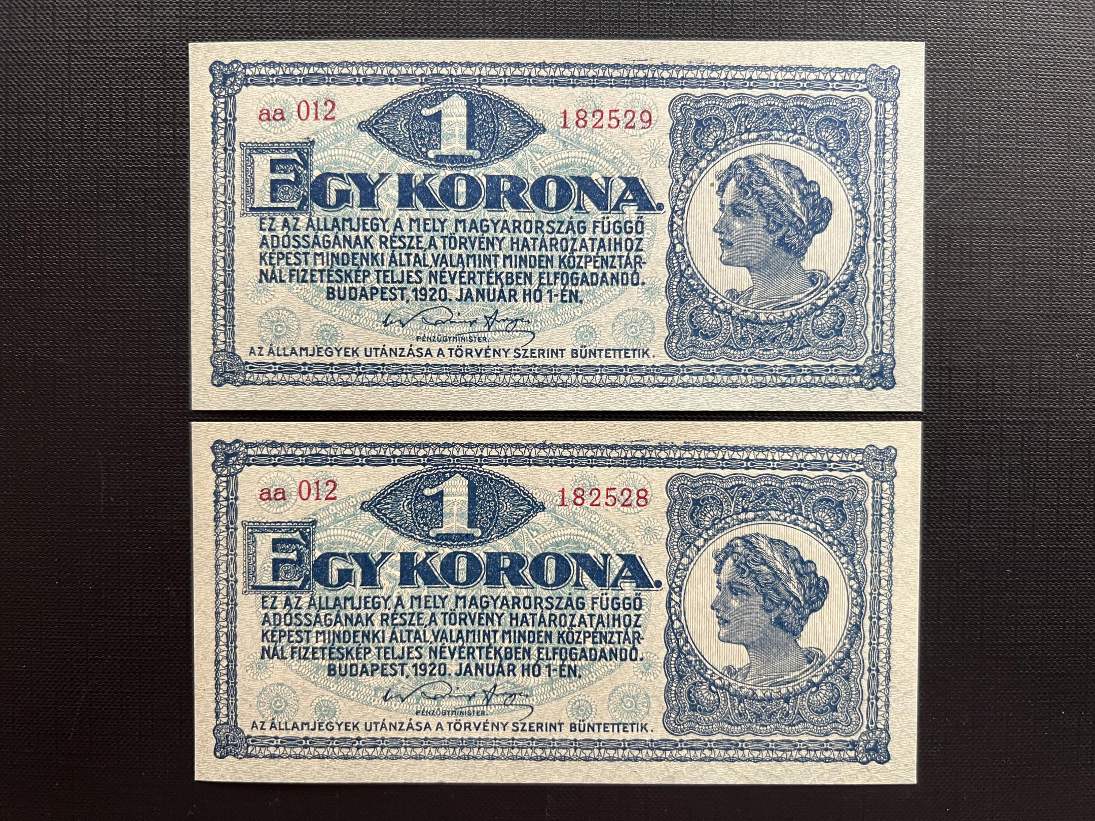 1 Korona (1920)aa Adamo K4 UNC 2db sorszámkövető