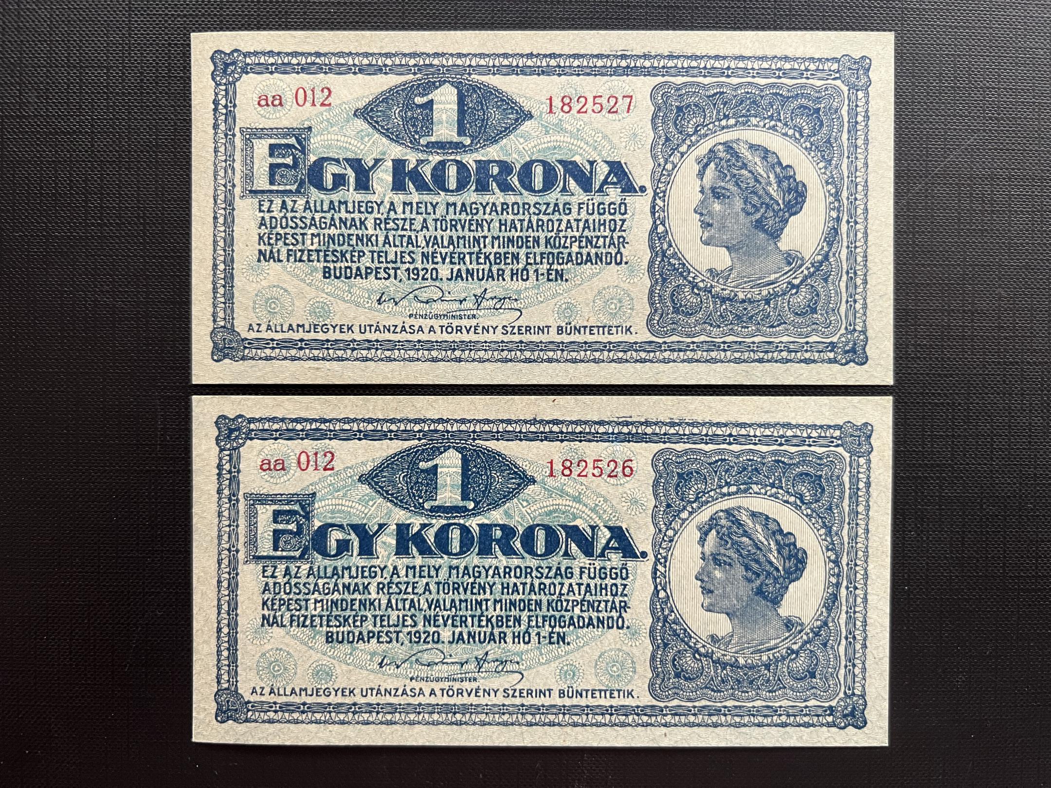 1 Korona (1920)aa Adamo K4 UNC 2db sorszámkövető