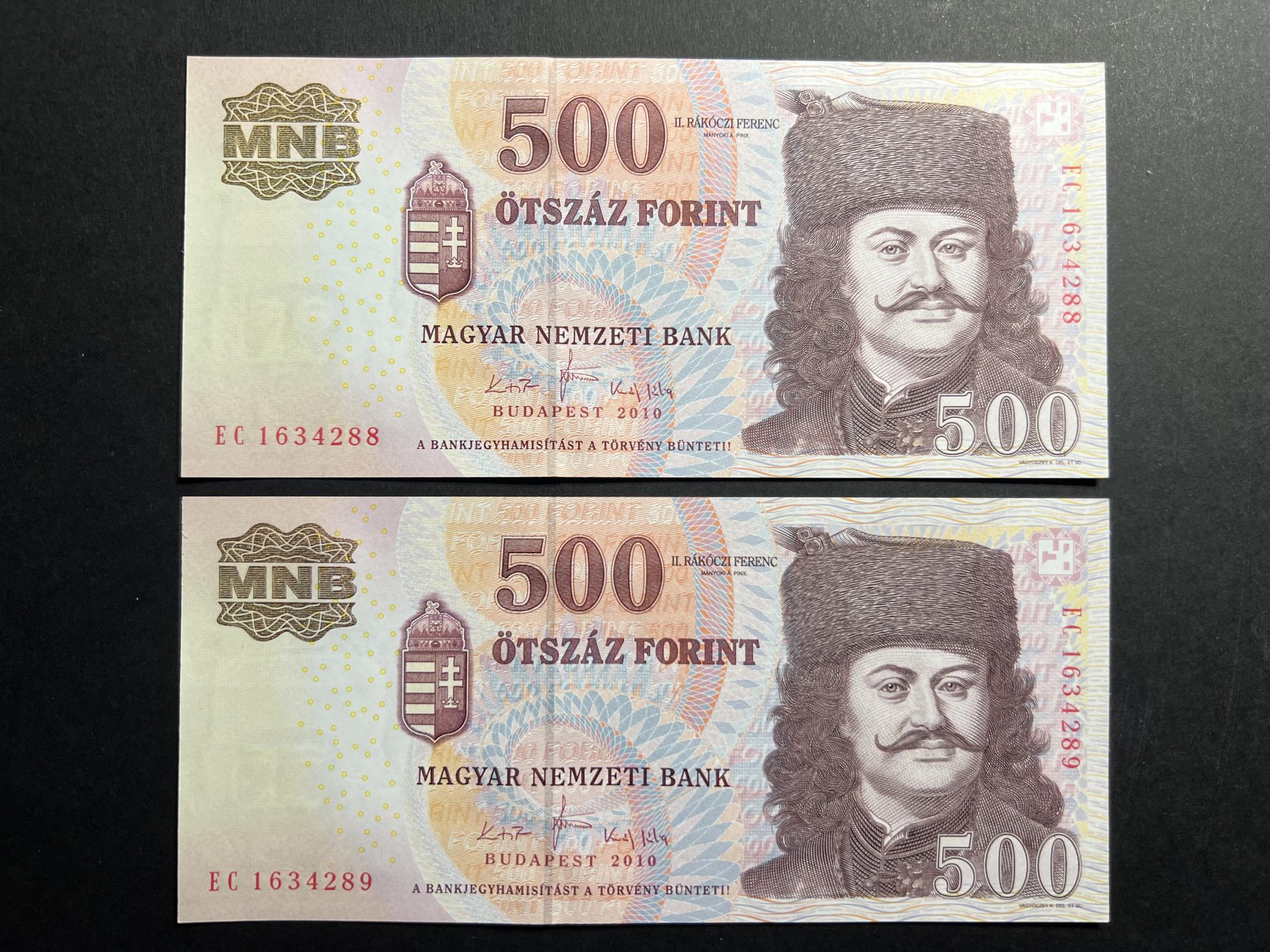500 Forint EC (2010) UNC  Adamo F54H sorszámkövető 2 db	