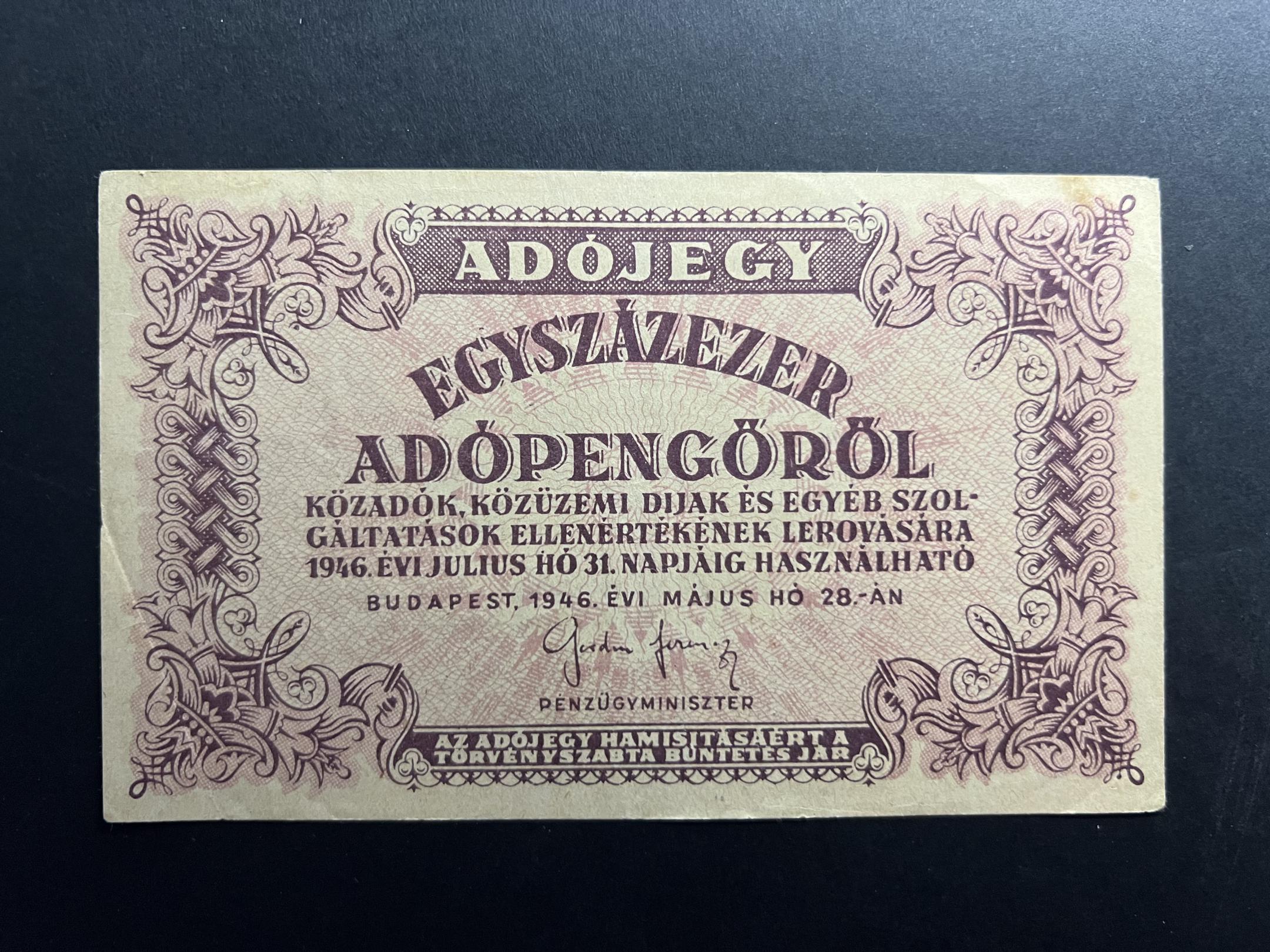 Egyszázezer Adópengő (1946) Adamo P51A vízjeles  EF