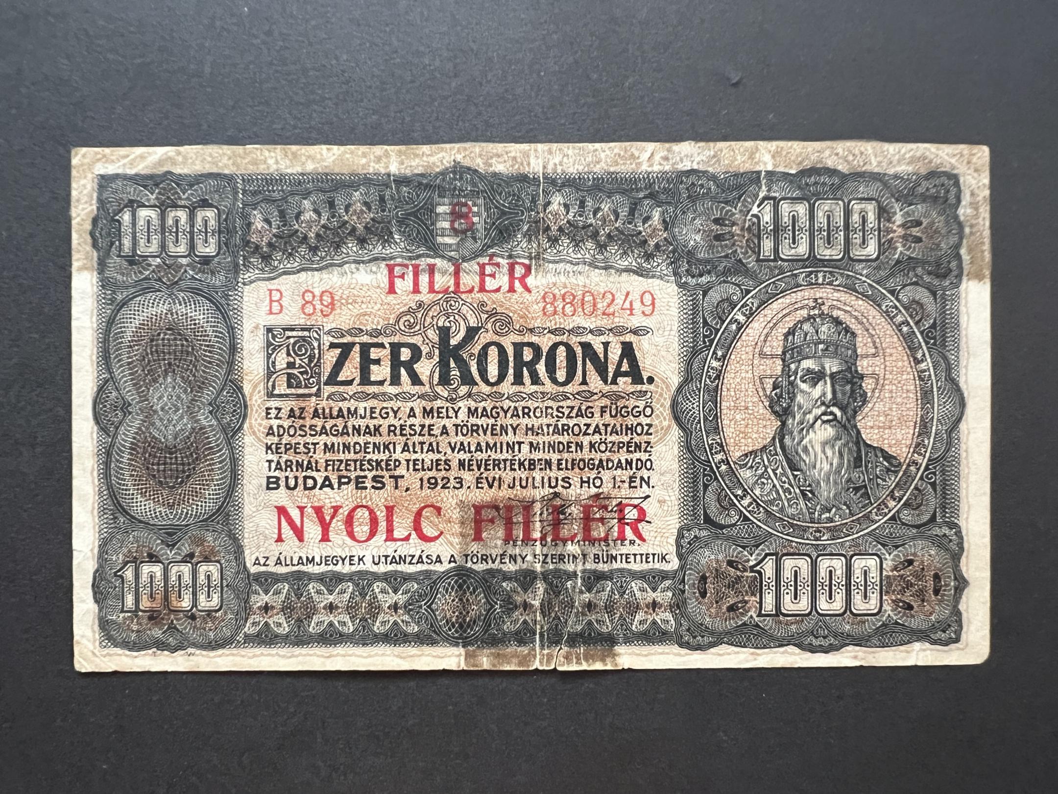 1000 Korona 8 fillér felülbélyegzéssel(1923)B Adamo K37B VG