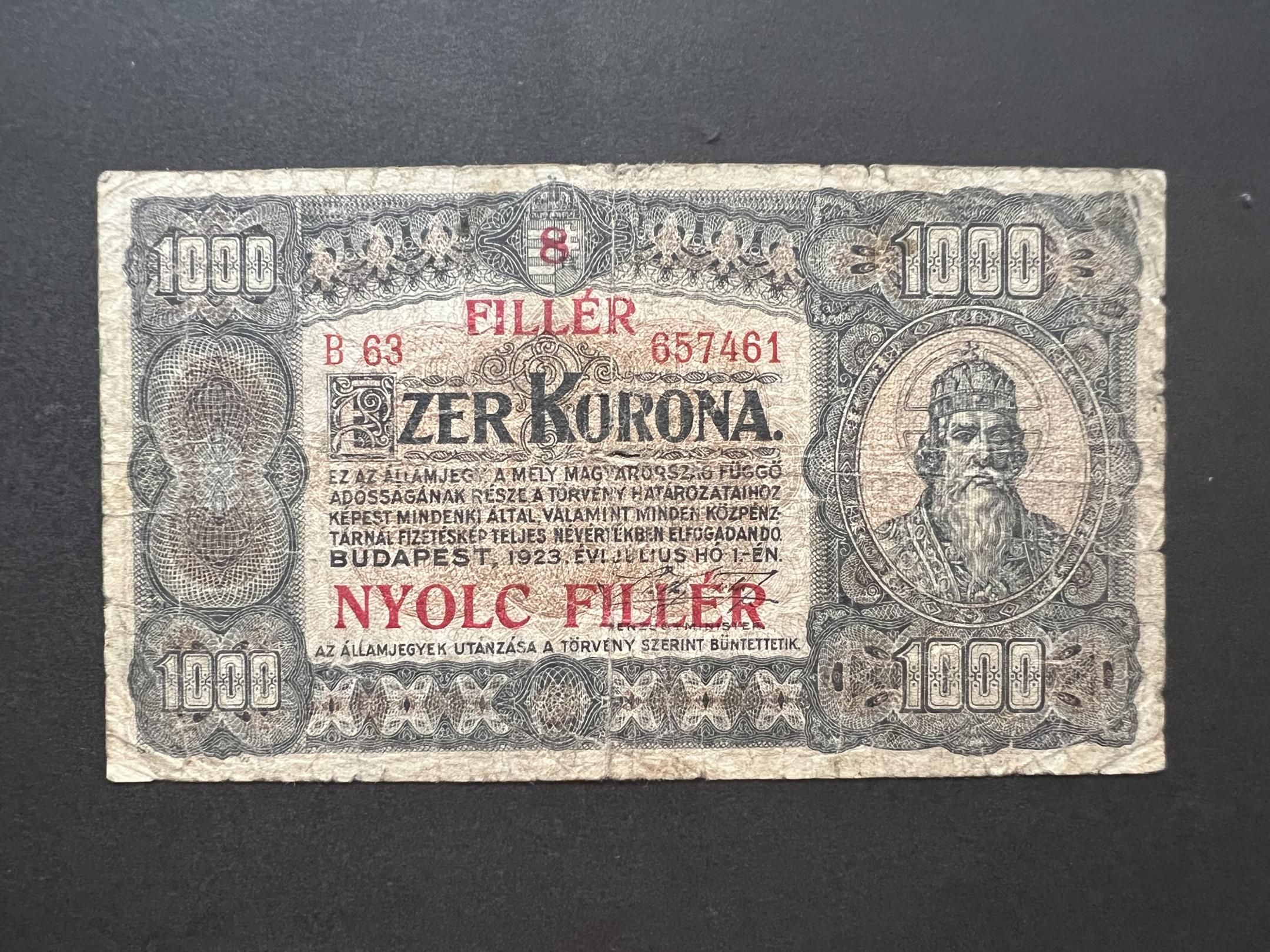 1000 Korona 8 fillér felülbélyegzéssel (1923)B Adamo K37B VG