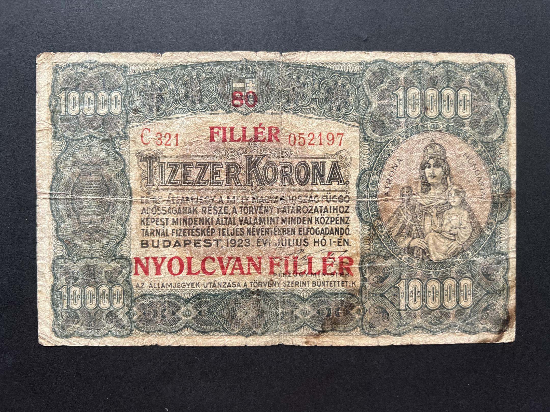 10000 Korona 80 fillér felülbélyegzéssel (1923)C nyomdahely nélkül Adamo K42 2B F