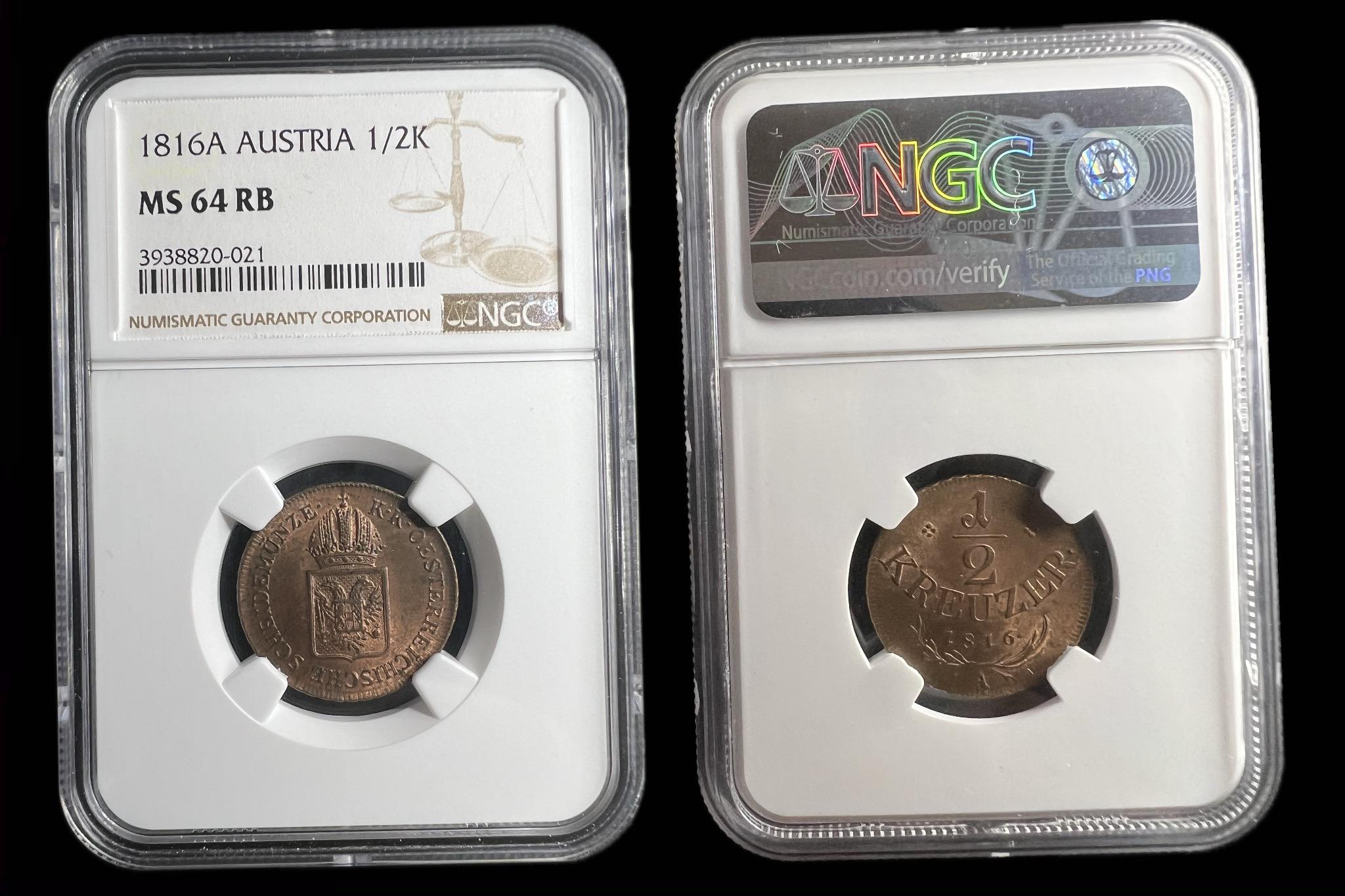Franz 1/2 Kreutzer (1816)A UNC NGC MS64 RB Herinek 1134 