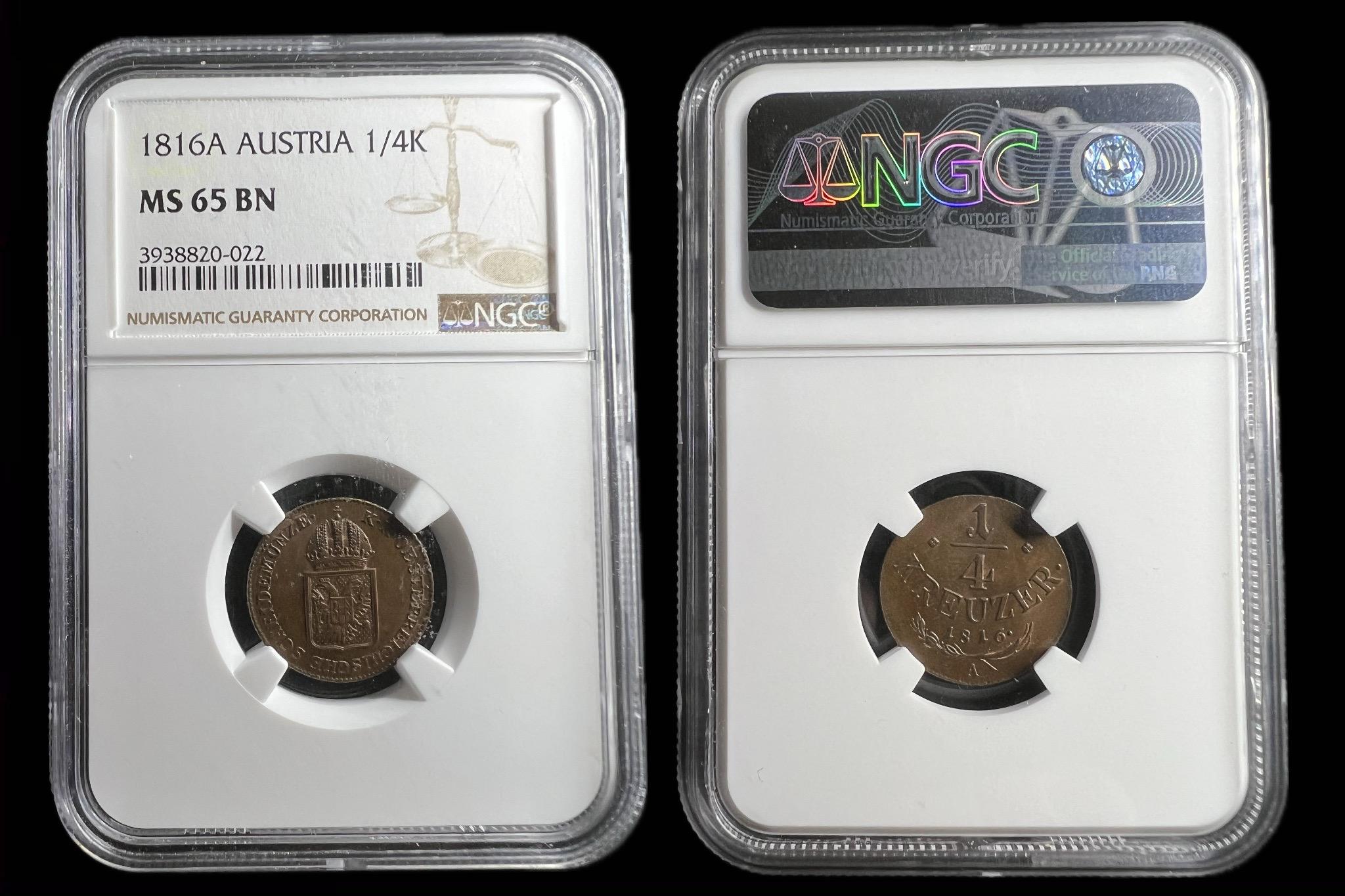 Franz 1/4 Kreutzer (1816)A UNC NGC MS64 BN Herinek 1135